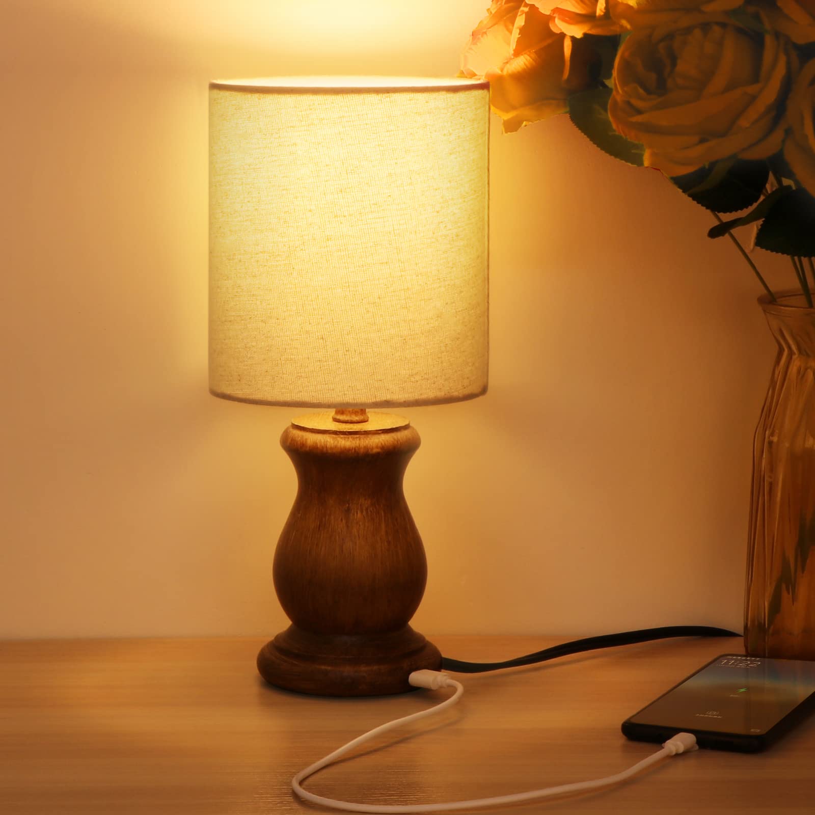 Vintage Farmhouse Table Lamp with USB Port - Rustic Bedside Nightstand Lamp for Bedroom, Living Room, Office (9W LED Bulb Included, Dark Wood Finish) | Perfect for Reading, Relaxing & Charging Devices