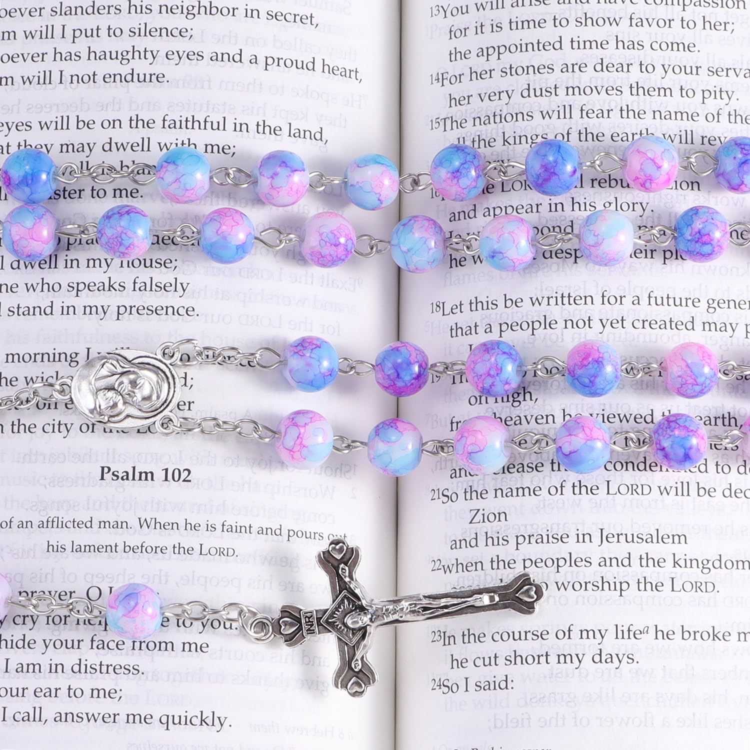 Blue Crystal Rosary Beads for Women - Catholic Prayer Necklace with Vintage Last Supper Jewelry Box - Anglican Christian Gift for Baptism, First Communion & Daily Devotion