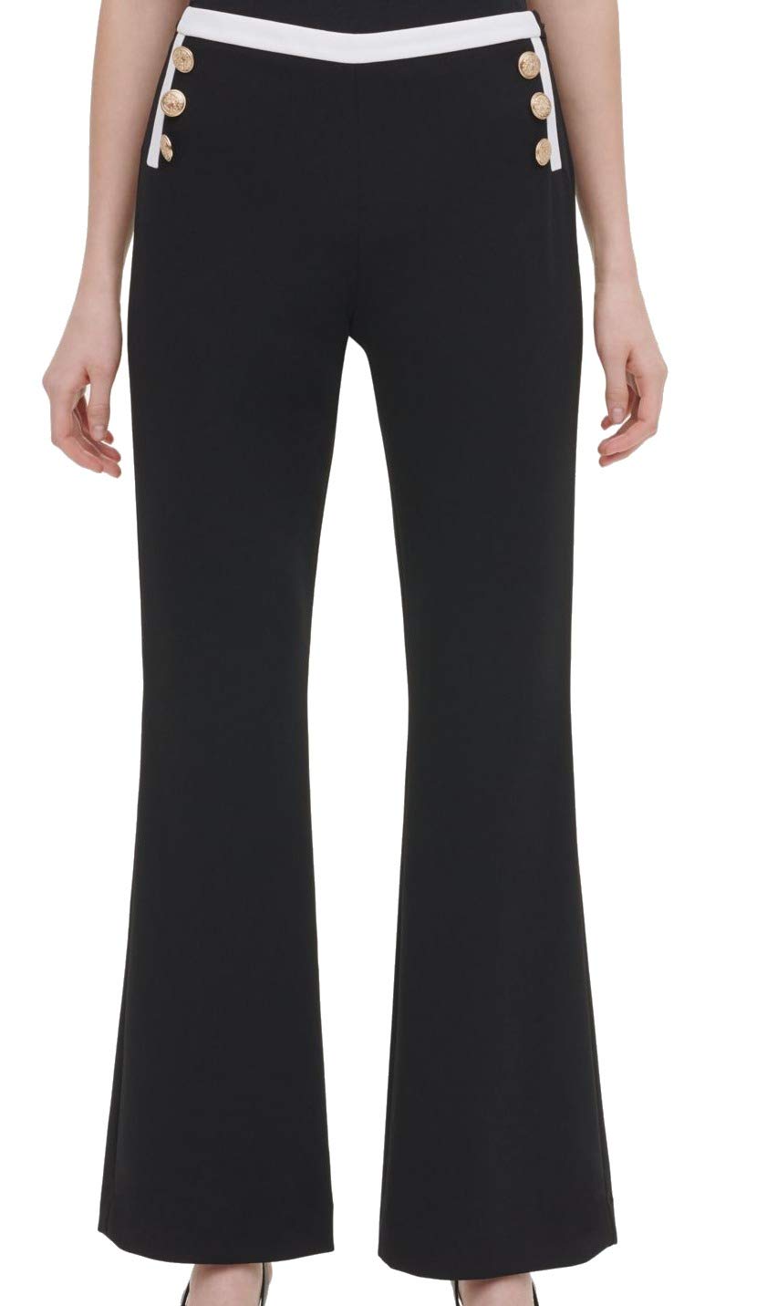 Calvin Klein Women's Wide Leg Pants with Contrast Stitching & Button Details - Comfortable Office Wear & Casual Chic Outfits