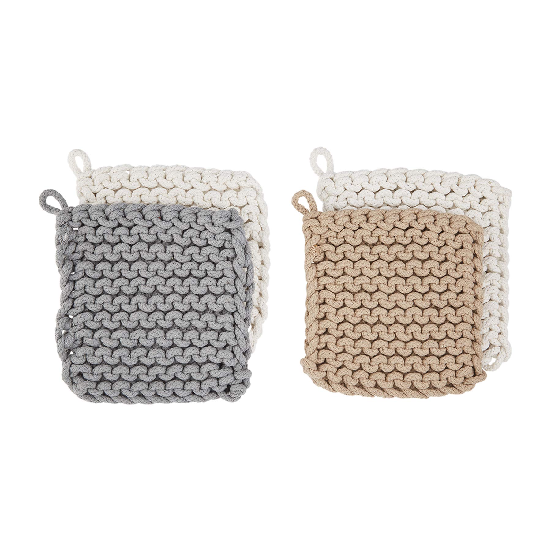 Crocheted Pot Holders 8x8 Inches - Taupe Heat Resistant Kitchen Mitts for Cooking, Baking & Serving - Mud Pie Brand