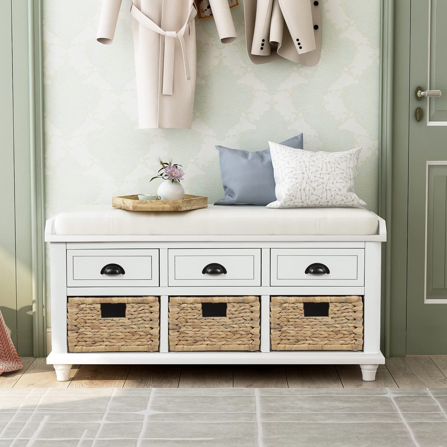 SOFTSEA 3-Drawer Storage Bench with Rattan Baskets & Removable Cushion - Entryway Shoe Bench, Bedside Storage Ottoman, Living Room Organizer - Fully Assembled White Cube Bench for Home Decor