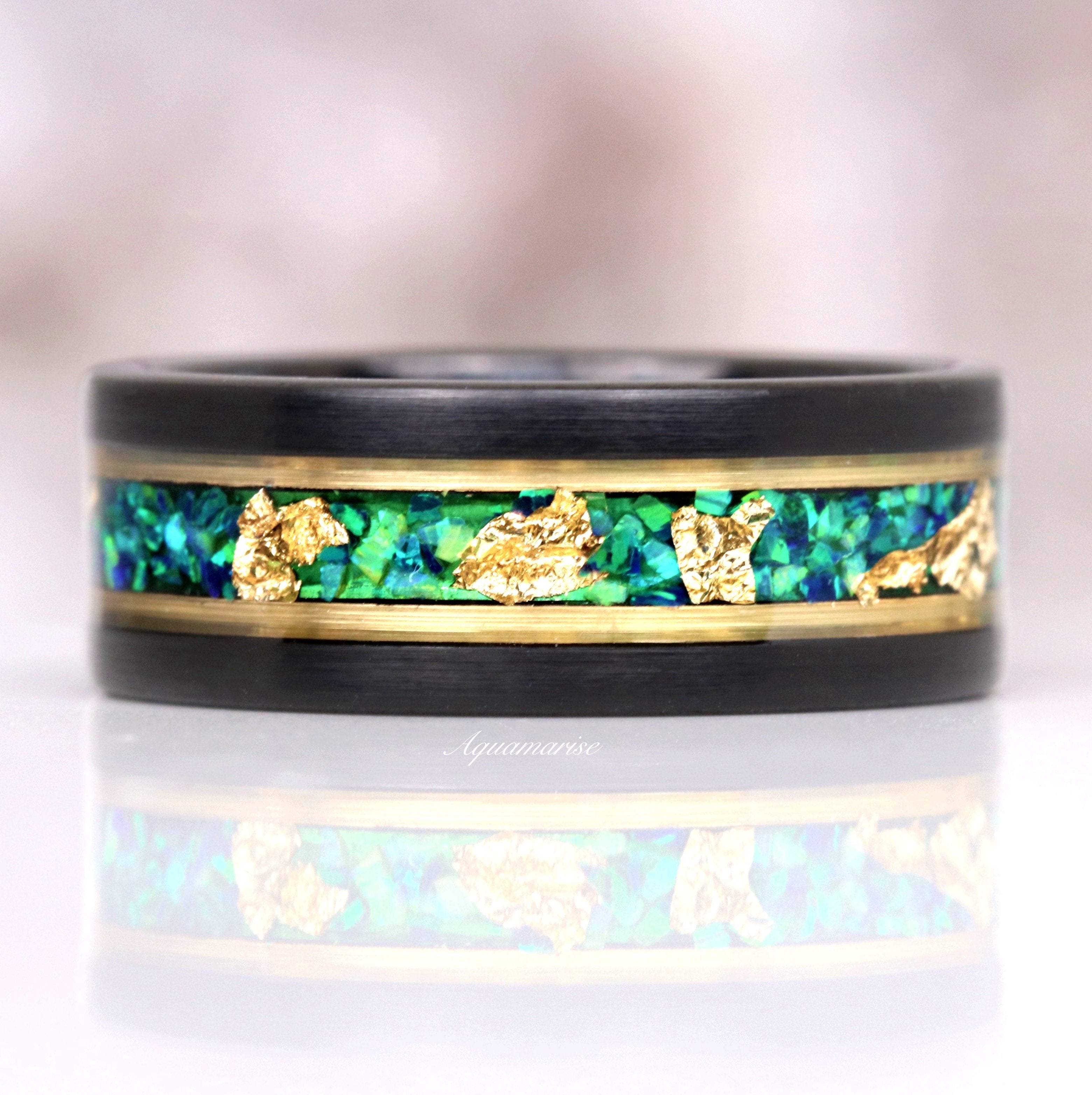 Green Fire Opal & Gold Leaf Wedding Band - 8mm Tungsten Ring for Men - Durable & Hypoallergenic - Perfect for Engagement, Anniversary & Special Occasions