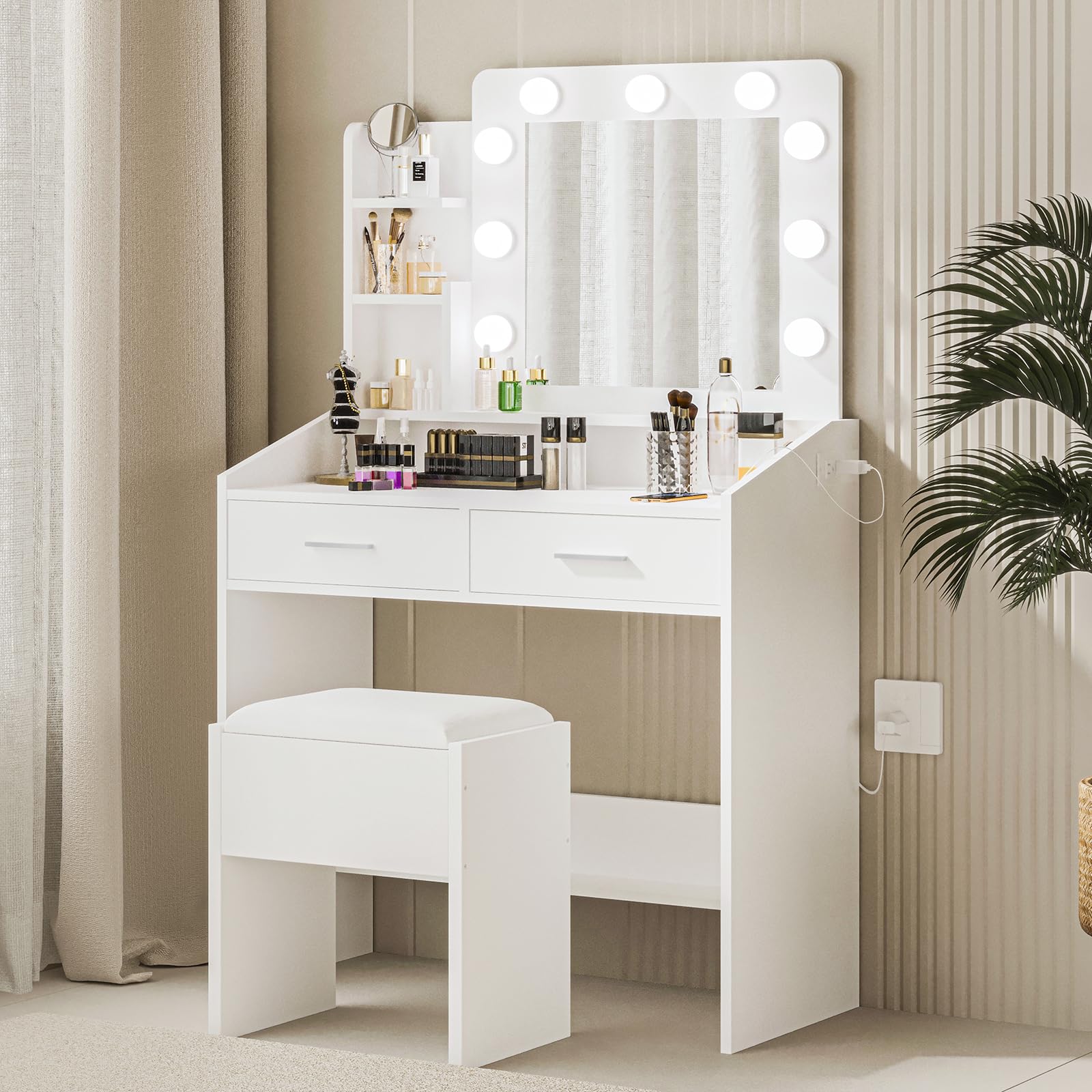 Vanity Desk with Mirror and Lights - Adjustable Brightness Makeup Vanity Set with Power Outlet, Cushioned Stool & 3 Lighting Modes, White Dressing Table with Hairdryer Holder for Bedroom, Bathroom & Salon Use