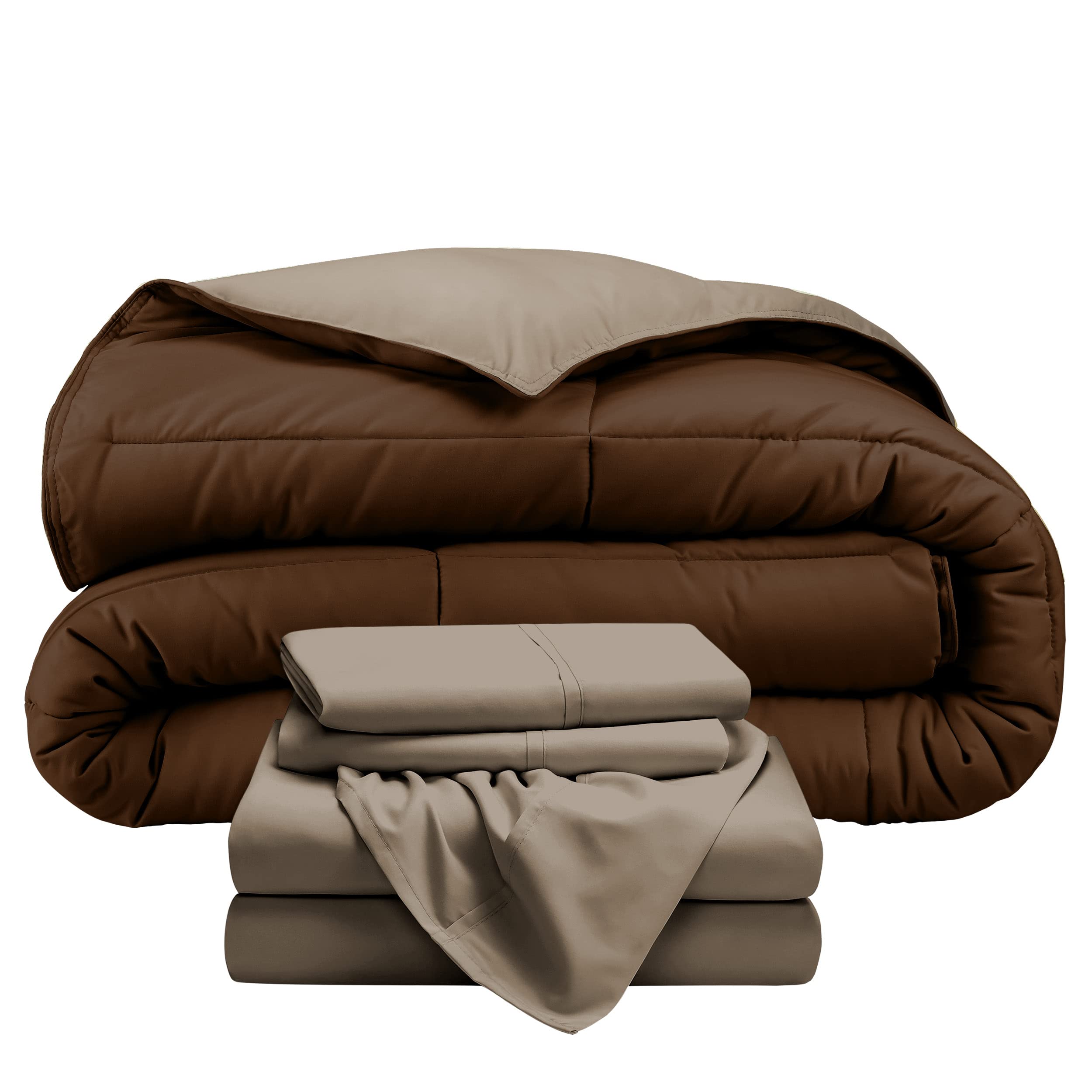 Bare Home Reversible 5-Piece Bedding Set - California King Size Down Alternative Comforter & Sheet Set | Ultra Soft Microfiber | Cocoa/Taupe Color | Perfect for Master Bedroom, Guest Room & Luxury Hotel Style Bedding