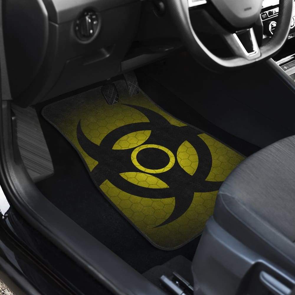 Black Biohazard Warning Car Floor Mats with Yellow Background - Durable Anti-Slip Vehicle Floor Liners for Trucks, SUVs & Cars | Perfect for Halloween, Zombie Apocalypse & Horror Themed Events