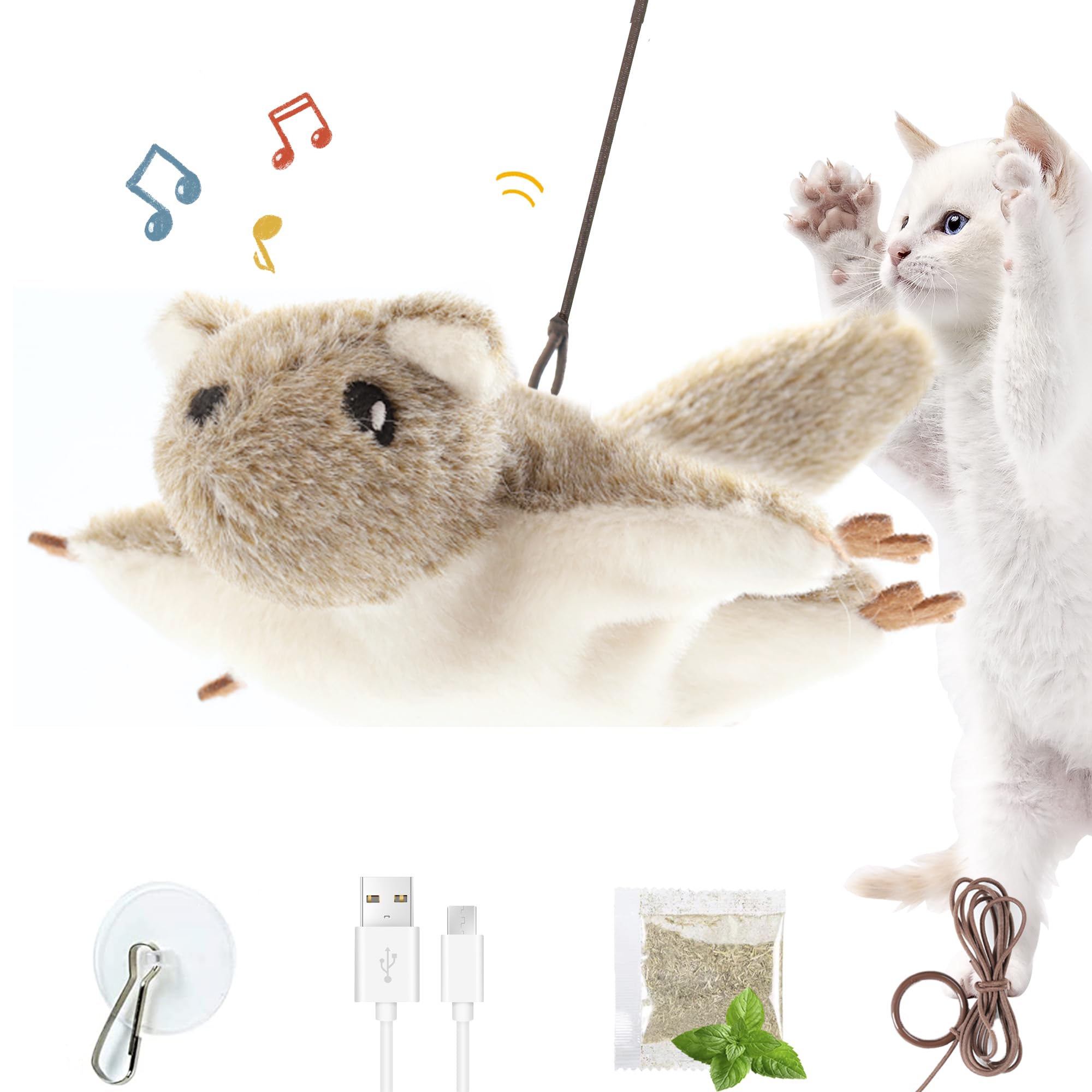 Rechargeable Flapping & Chirping Cat Toy with Catnip - Interactive USB Charging Mouse & Flying Squirrel Toy for Indoor Cats - Touch-Activated Wings & Squeaky Sounds - Perfect for Playtime, Exercise and Boredom Relief