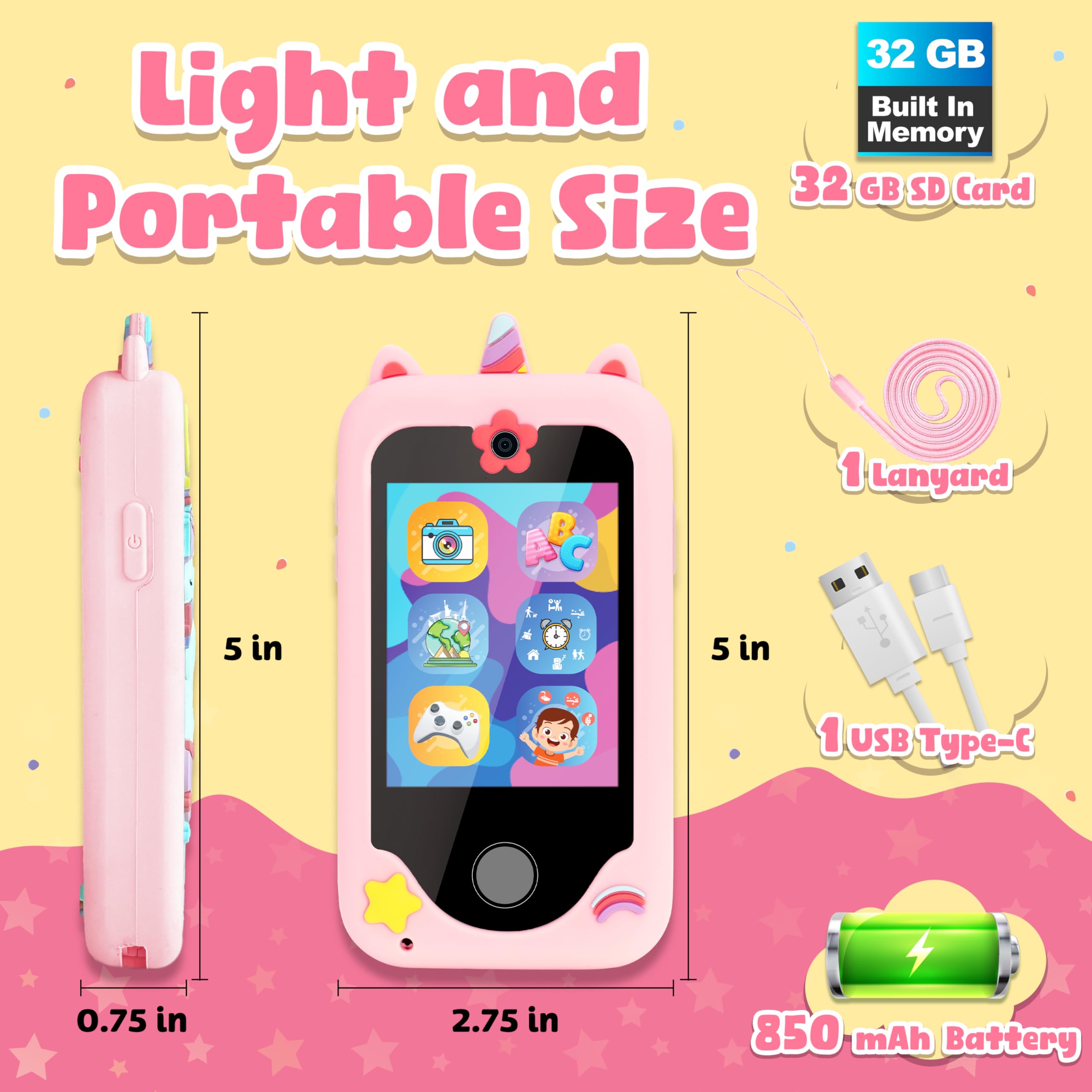 Smart Phone for Girls Ages 8-10 - 32GB Storage, 1080P Dual Camera, 850mAh Battery Kids Cell Phone | Unicorn Design Mini Phone for Play & Learning | Perfect Birthday Gift for Girls, Travel & School Use