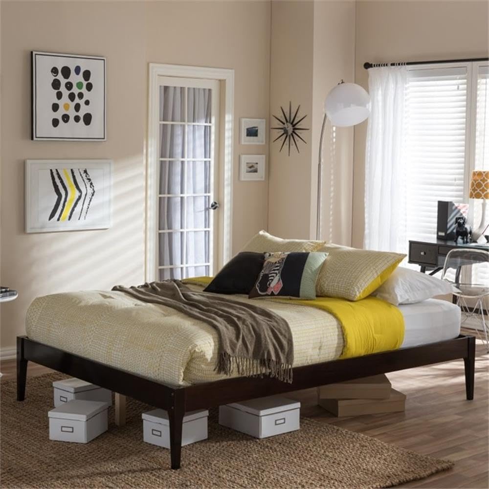Allora Queen Size Bed Frame in Cappuccino Finish - Modern Platform Bed with Wooden Slats for Support, Perfect for Master Bedroom or Guest Room