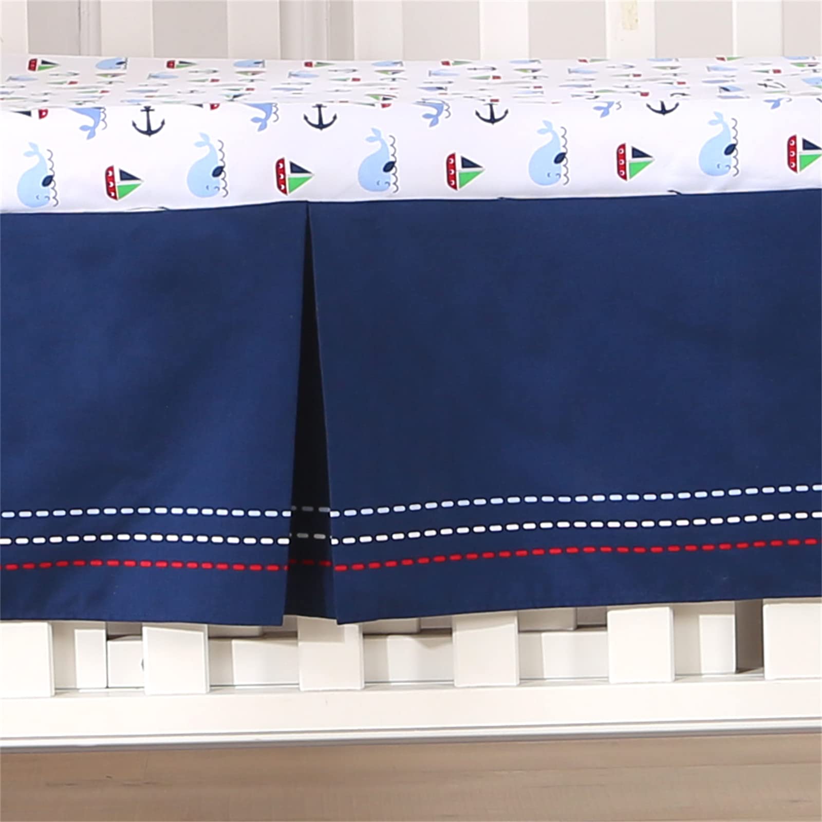 Wowelife 3-Piece Nautical Whale Crib Bedding Set - Ocean Theme Nursery Comforter, Fitted Sheet & Skirt | Soft Baby Boy Girl Bed Set for Coastal Nursery Decor