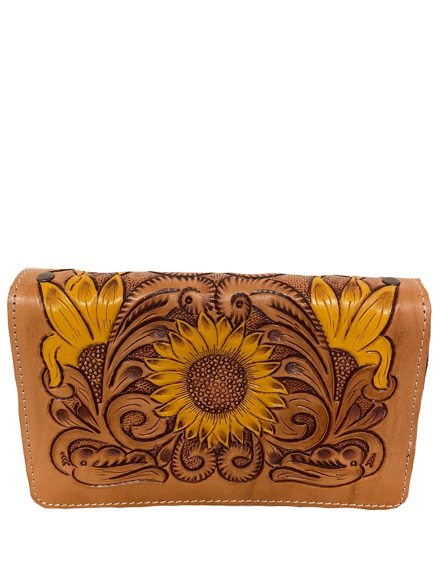 American Darling Women's Tooled Leather Sunflower Crossbody Clutch Purse - Brown Handbag for Casual Outings, Date Nights & Summer Festivals