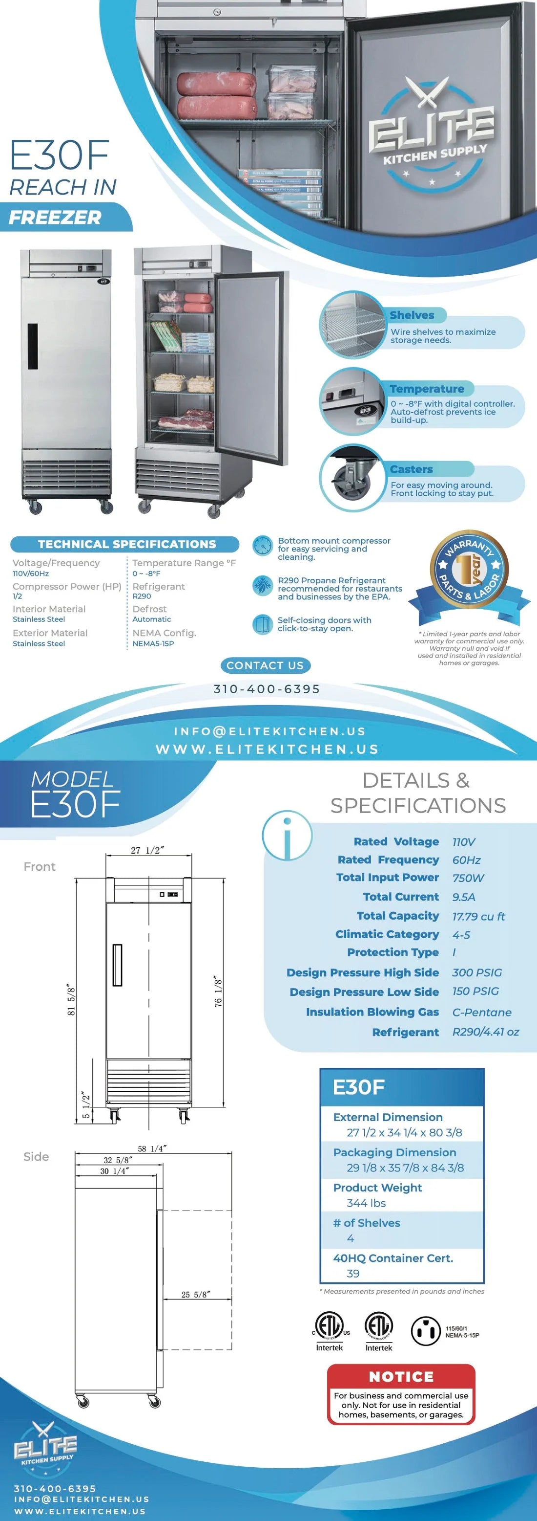 E30F 1-Door Reach-In Commercial Freezer - Energy Efficient Upright Freezer for Restaurants, Grocery Stores & Food Service Businesses - Perfect for Frozen Food Storage & Bulk Ice Cream Display