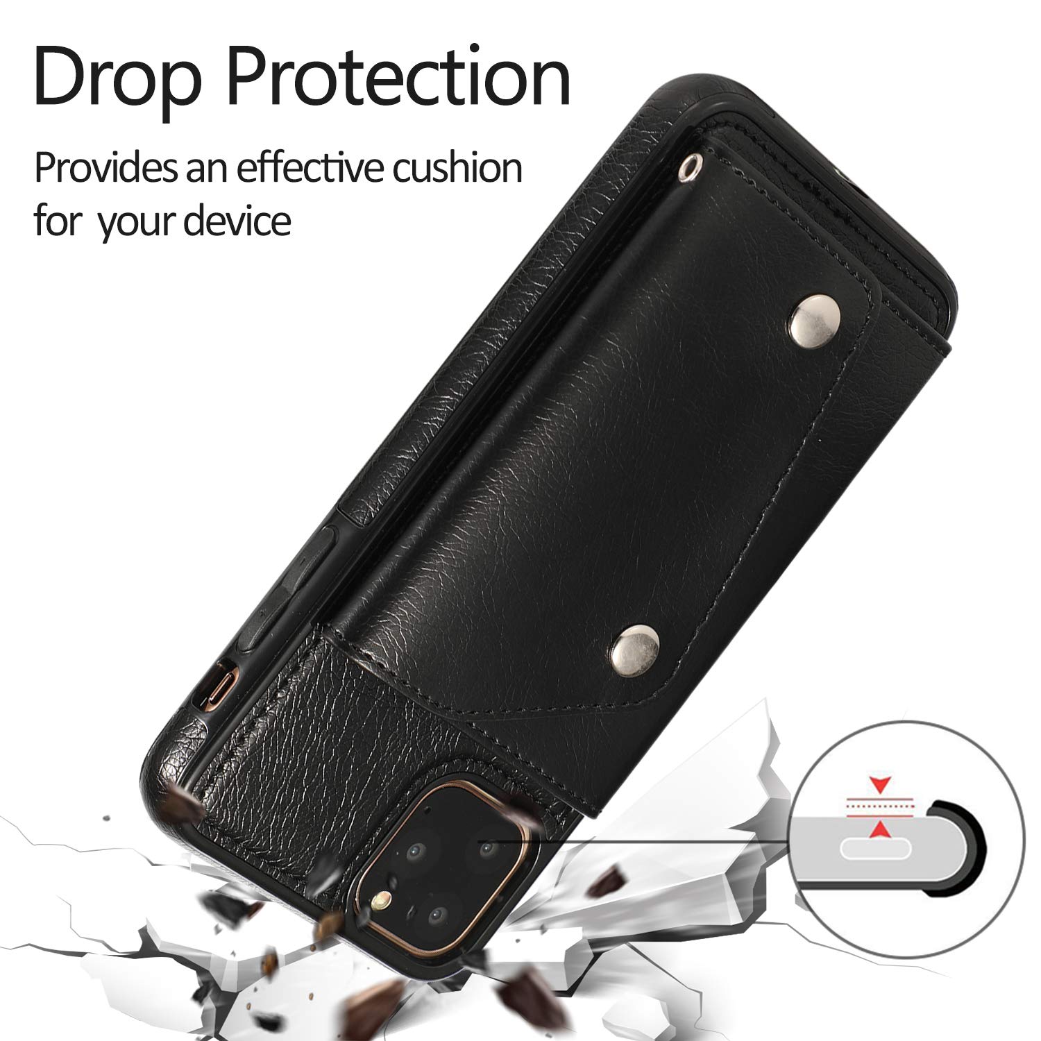 Premium PU Leather Wallet Case for iPhone 11 Pro Max - Card Holder with Neck Strap, Crossbody Chain & Wrist Strap | Protective Cover with Credit Card Slots | Perfect for Travel, Shopping & Everyday Use (Black)