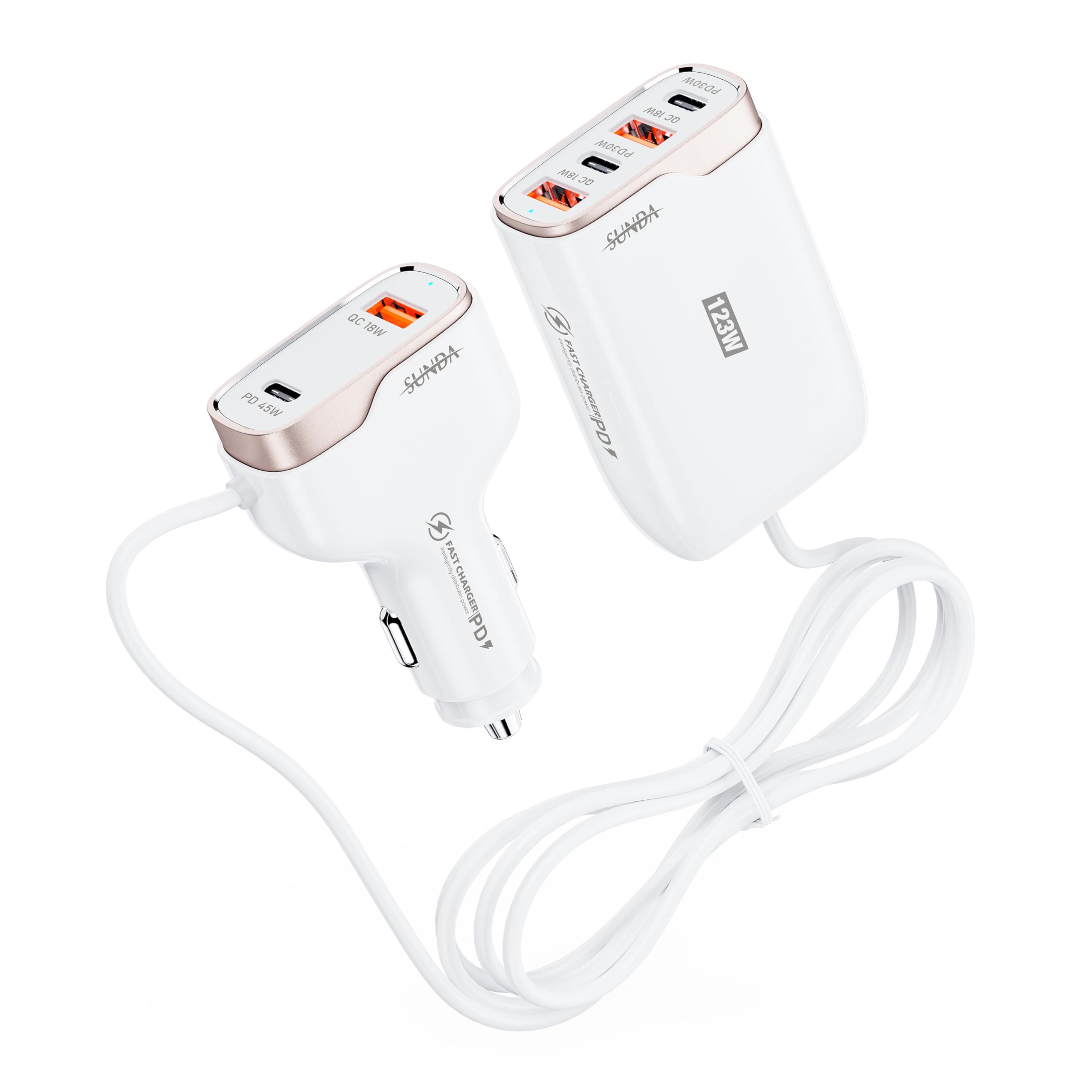 6-Port 123W USB C Car Charger with PD 45W - Fast Charging Adapter for iPhone 16, Galaxy S24, Samsung - Includes 5.7FT Type C Cable - Ideal for Rear Seat Charging in Cars, SUVs & Trucks (White)