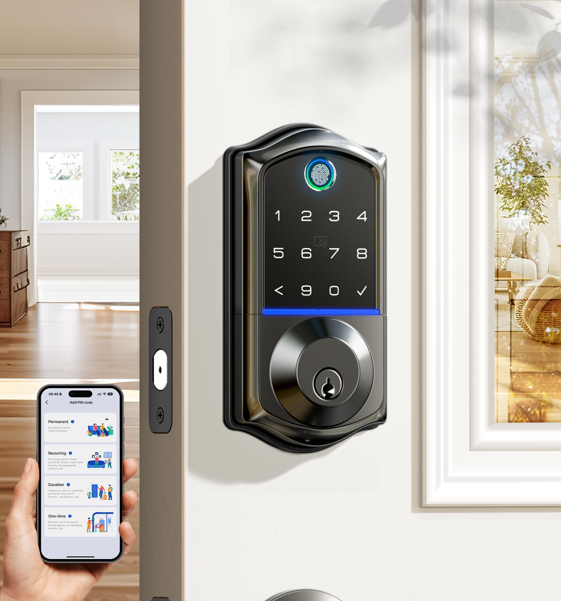 Veise Smart Door Lock with Fingerprint & App Control - 7-in-1 Keyless Entry, Auto Lock, Emergency Power Port, Touchscreen Keypad - Biometric Electronic Lock for Front Door (Matte Black) - Perfect for Homes, Apartments & Vacation Rentals