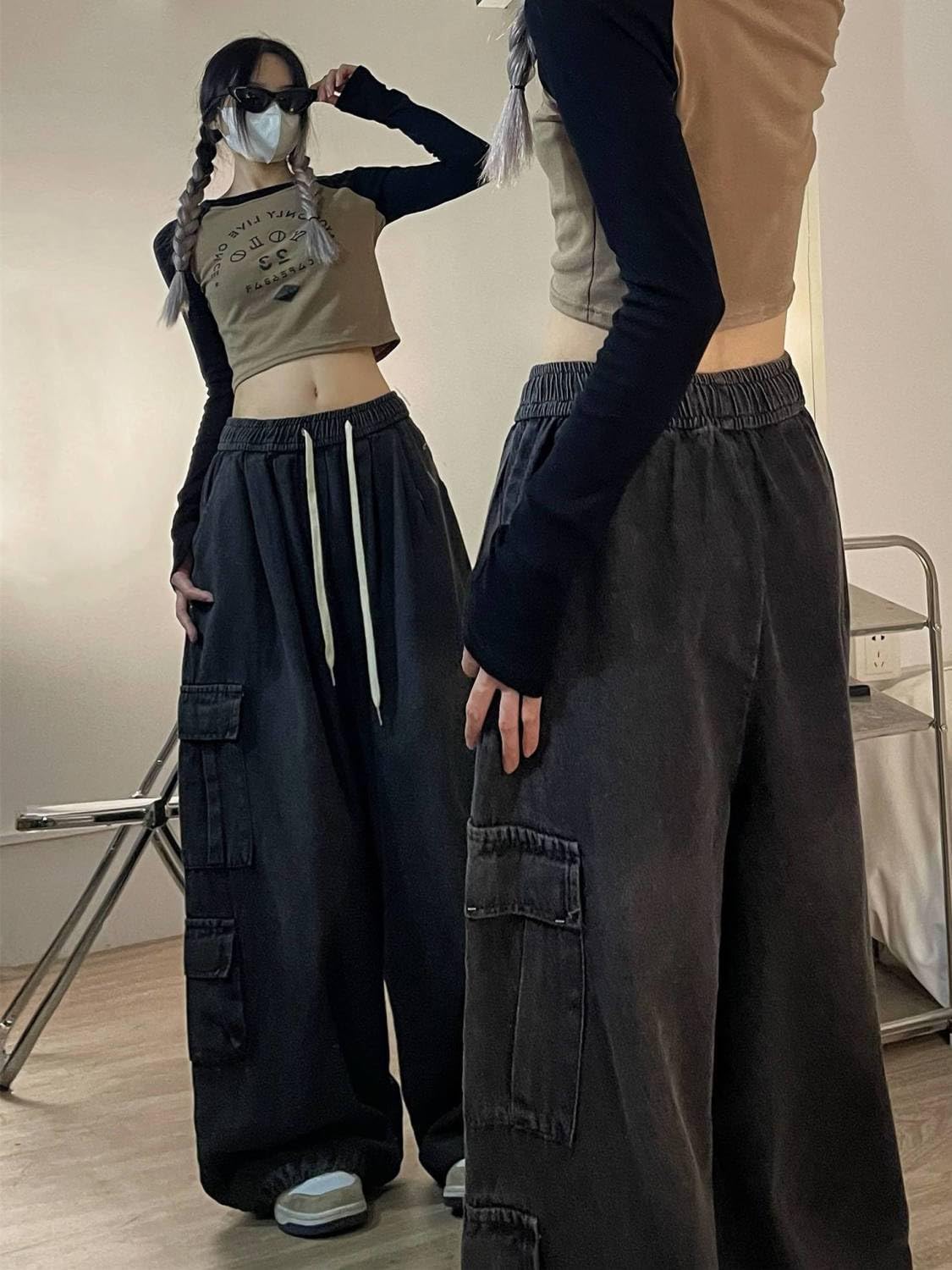 Women's Baggy Cargo Pants Y2K Style - Parachute Pants with Drawstring Waist, Wide Leg Jeans for Gothic Grunge & Hip Hop Streetwear | Perfect for Casual Outfits, Concerts and Urban Fashion