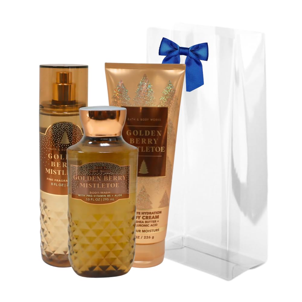 Bath & Body Works GOLDEN BERRY MISTLETOE 3-Piece Gift Set with Blue Bow - Holiday Body Mist, Body Cream & Body Wash (Full Size) - Perfect for Christmas Gifts, Stocking Stuffers & Self-Care Pampering