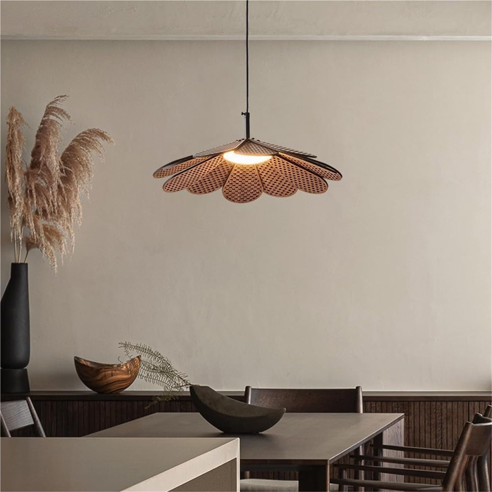 Mid Century Modern Wooden Pendant Light - Natural Walnut Kitchen Island & Dining Room Hanging Lamp - Japanese Minimalist Style with Floral Design - Nordic Farmhouse Chandelier for Living Room, Breakfast Nook & Dining Table Decor