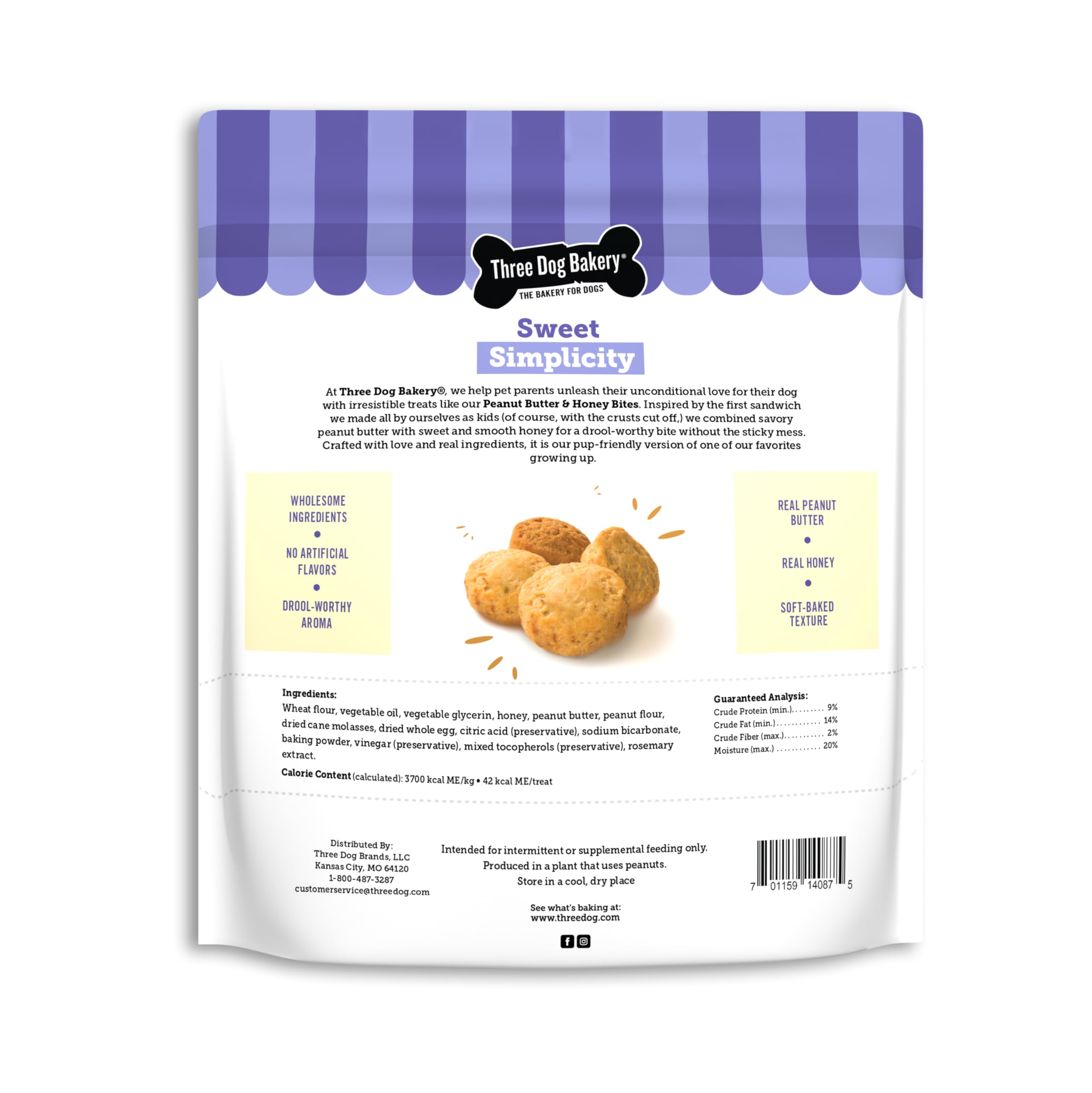 Three Dog Bakery Peanut Butter & Honey Bites - Healthy Dog Training Treats for Puppies & Adult Dogs, All-Natural Biscuit Snacks, Mess-Free Rewards for Obedience & Crate Training | Perfect for Home, Travel & Outdoor Adventures