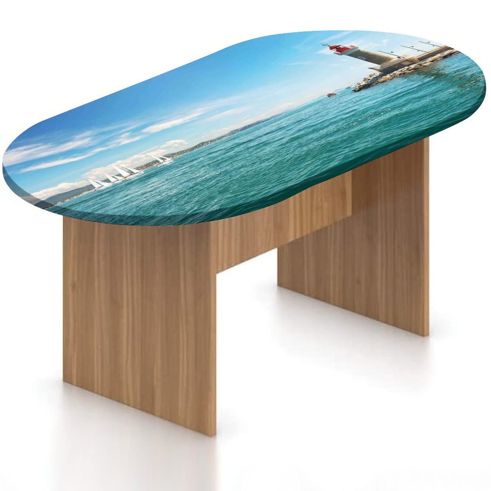 Oval Fitted Patio Tablecloth - Elasticized Polyester Table Cover with Seaside Lighthouse & Sailboats Print, Fits 48