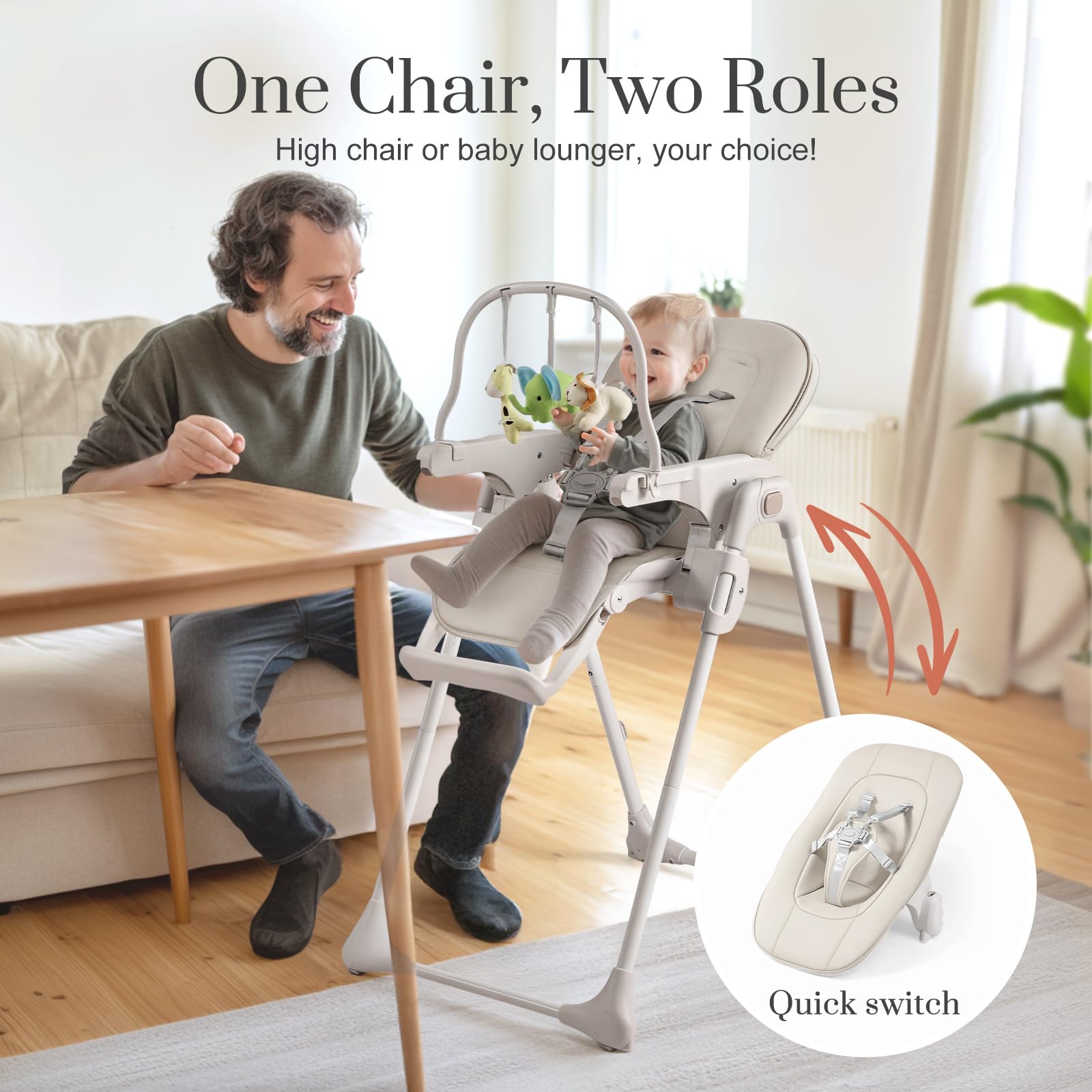 3-in-1 Convertible Baby High Chair with 6 Height & 3 Recline Adjustments - Foldable Toddler Feeding Chair with Removable Tray, 3 Detachable Toys & Built-in Wheels - Perfect for Dining, Weaning & Playtime (Taupe)