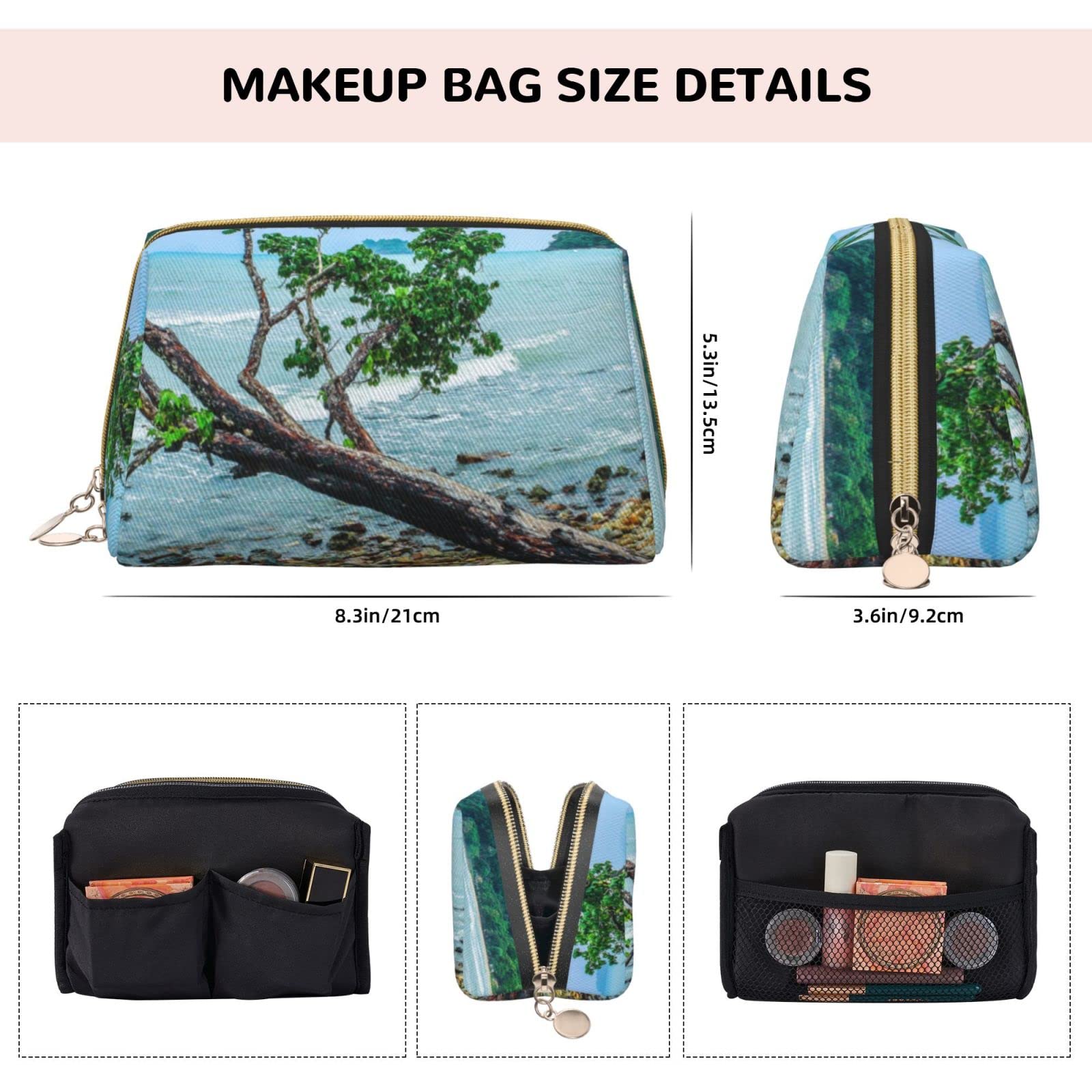 Waterproof Leather Makeup Bag for Women - Large Capacity Travel Cosmetic Organizer | Portable Makeup Pouch for Beach, Vacation & Daily Use | Crooked Tree by The Sea Collection