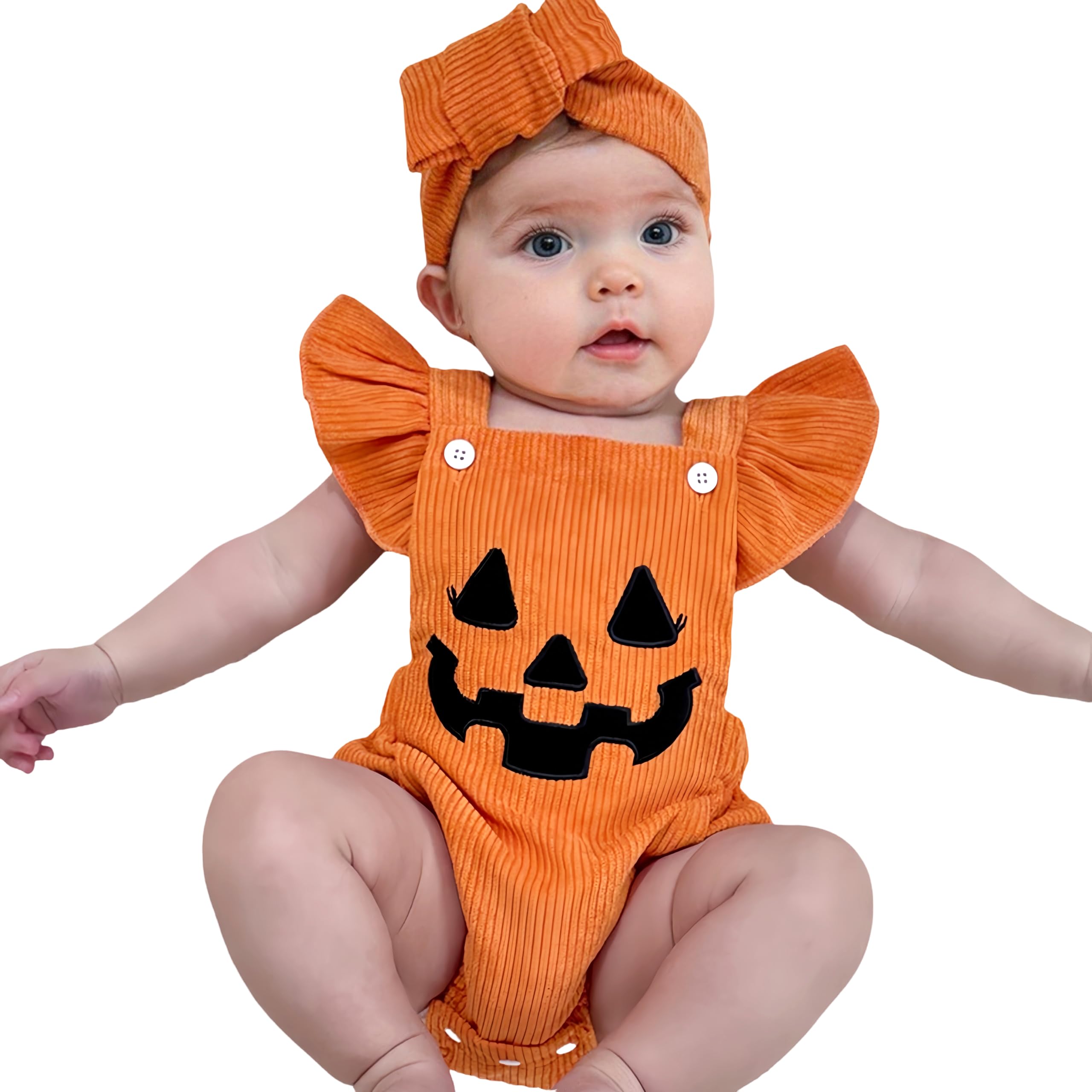 Adorable Halloween Baby Girl Outfit - Newborn Pumpkin Bubble Romper & Corduroy Overalls Set | Cute Infant Pumpkin Costume for Photo Shoots & Trick-or-Treating
