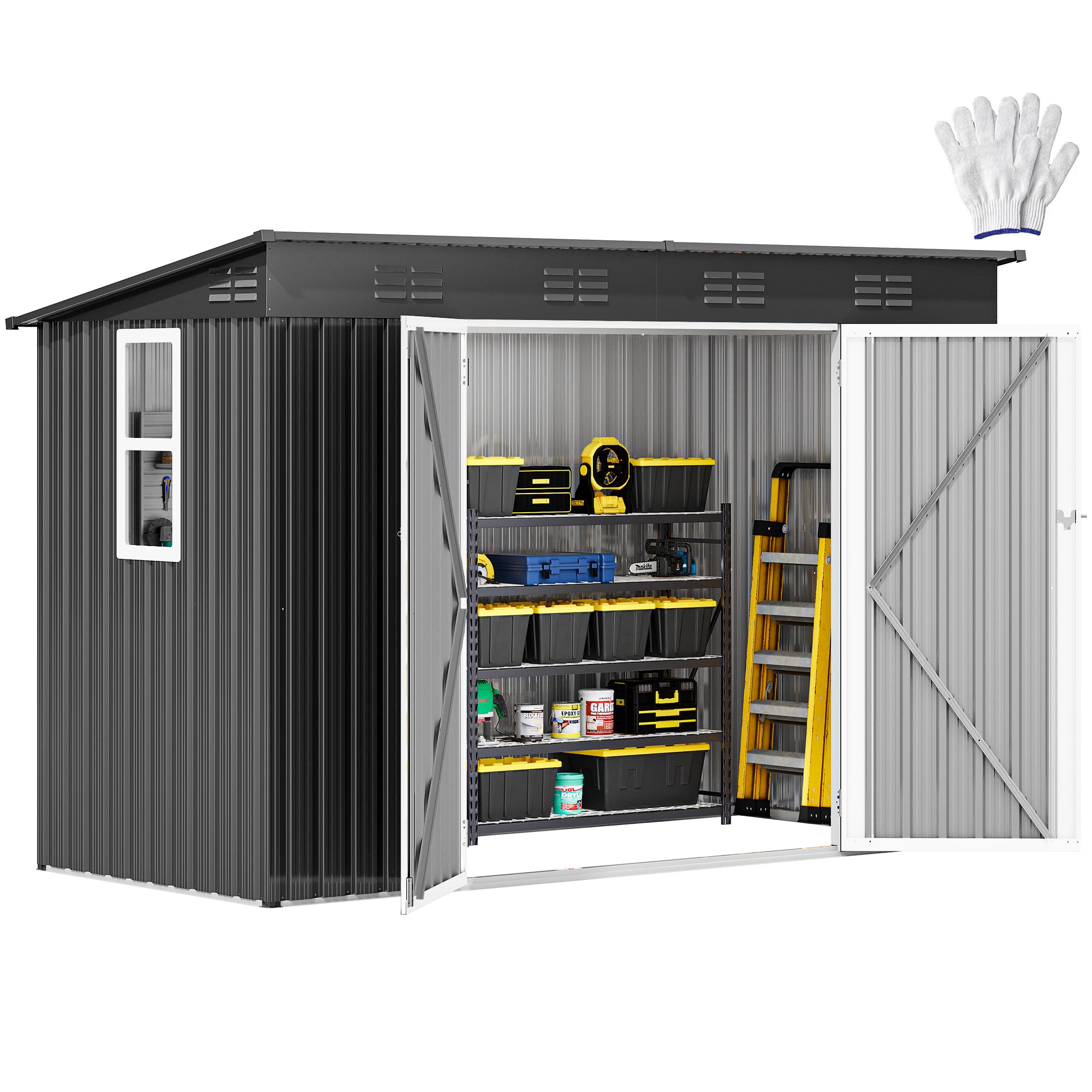 DWVO 9.1x4.2ft Large Outdoor Storage Shed with Window & Lockable Doors - Heavy-Duty Steel Garden Shed with Sloped Roof for Patio, Garage, Backyard, Lawn & Yard Organization (Dark Gray) - Perfect for Storing Tools, Equipment & Seasonal Items