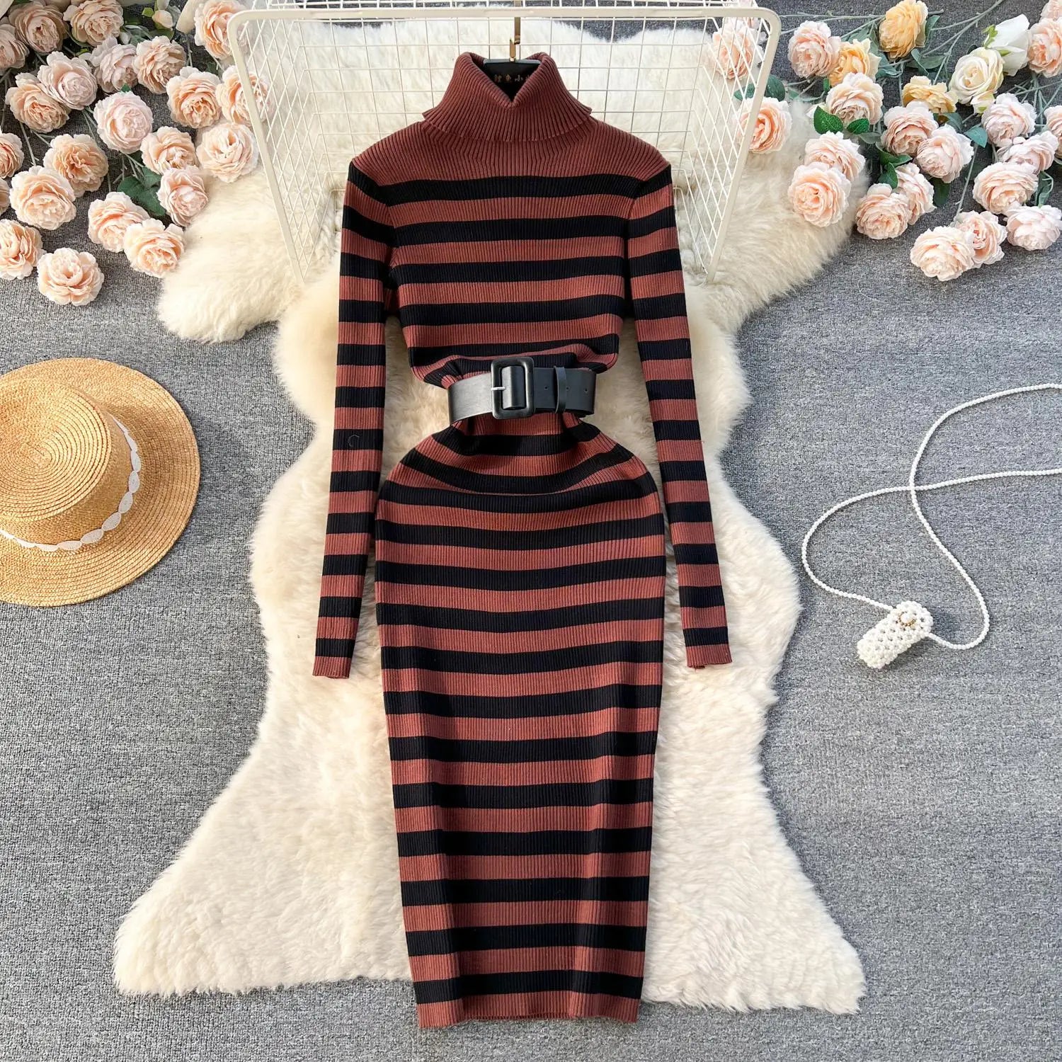 Women's French Style Autumn Winter Patchwork Stripe Knit Long Dress - Medium Length High Neck Warm Loose Slim Sweater Dress for Casual Outings & Holiday Parties