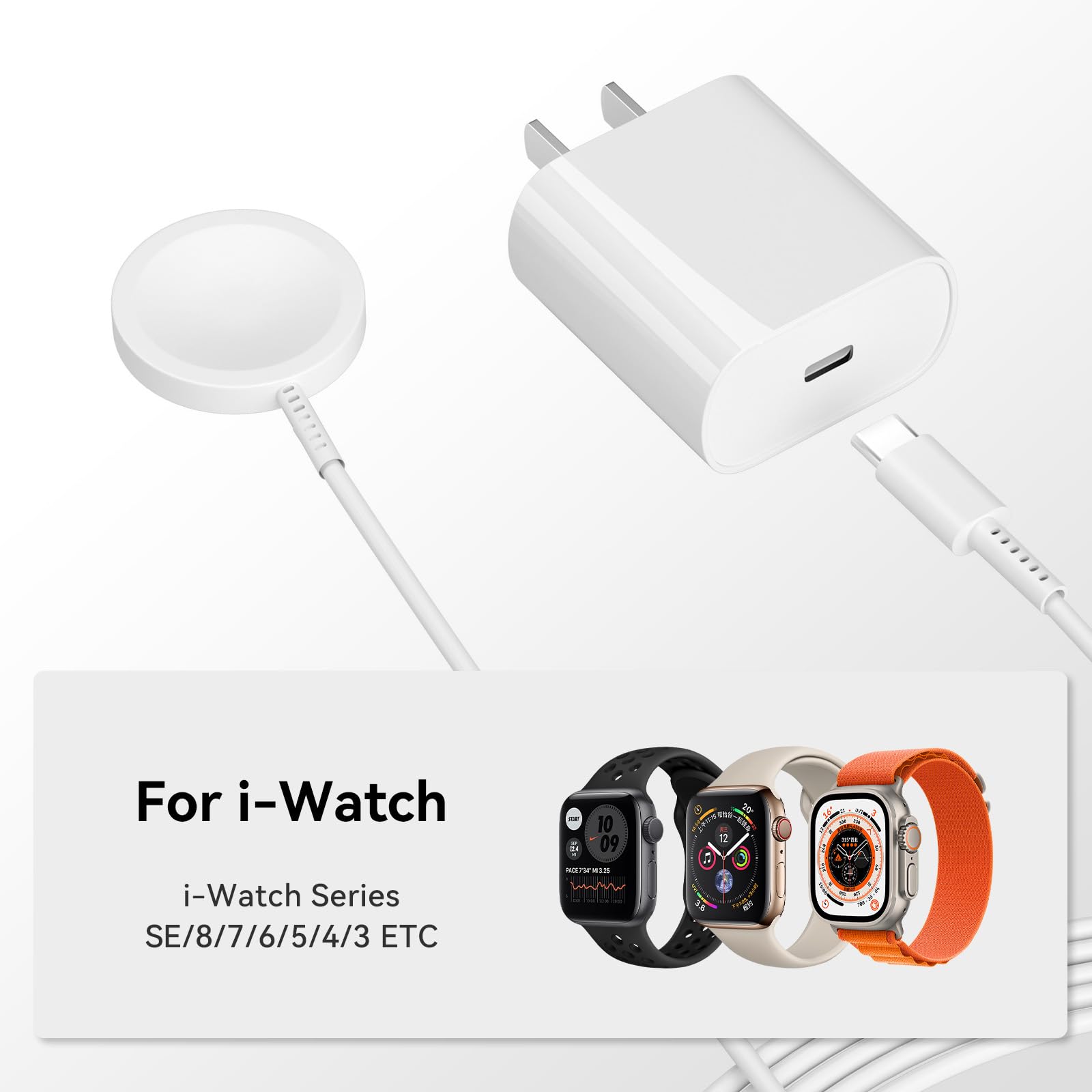 Magnetic Fast Charger for Apple Watch Series Ultra/9/8/7/6/SE/SE2/5/4/3 - 6ft USB-C Charging Cable with Power Adapter - Perfect for Home, Office & Travel Charging