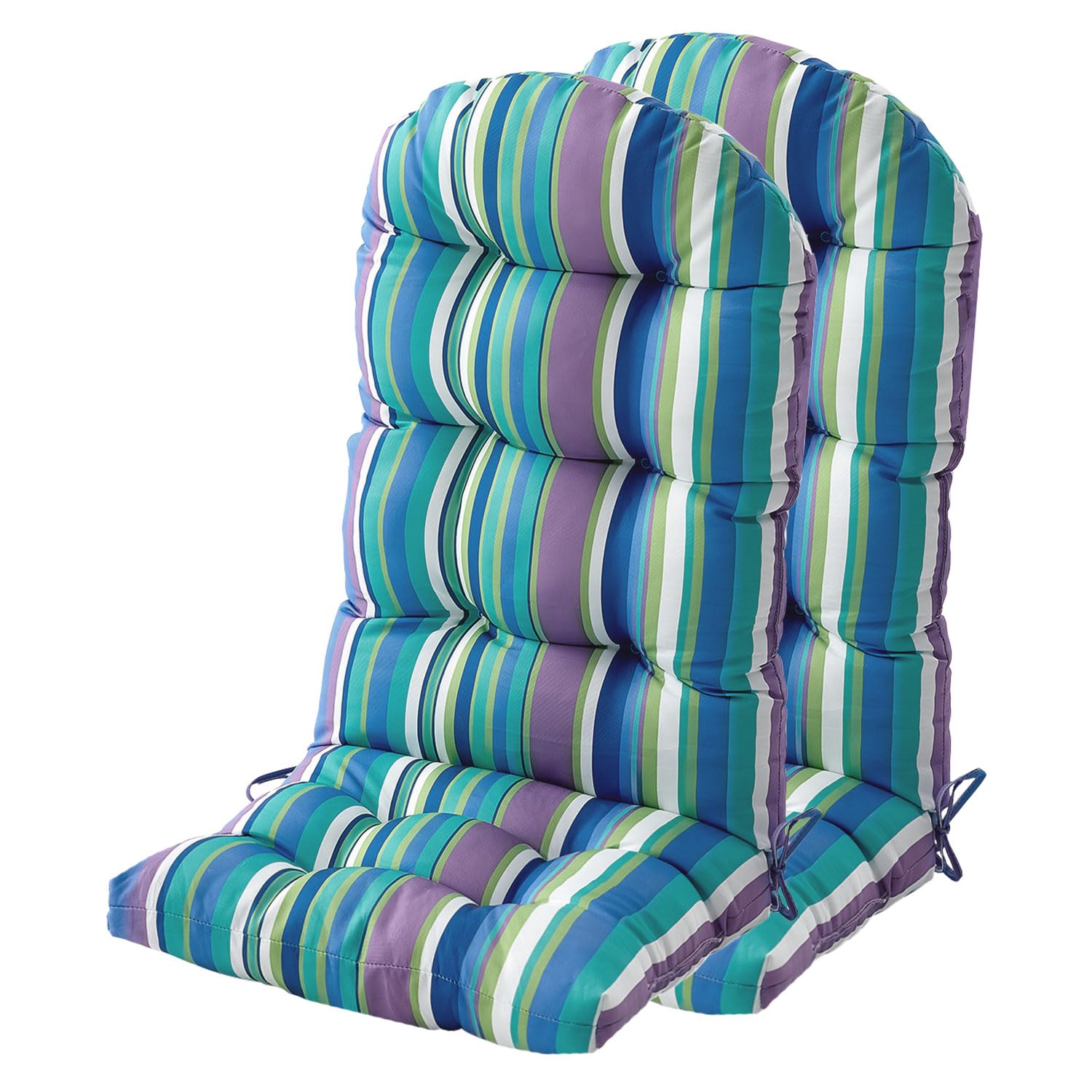 FILUXE Waterproof Adirondack & Rocking Chair Cushions - High Back Patio Pillow with Ties, Fade-Resistant All-Weather Indoor/Outdoor Seat Cushion (Stripe Blue, 2-Pack) for Garden, Deck, Porch & Poolside Relaxation