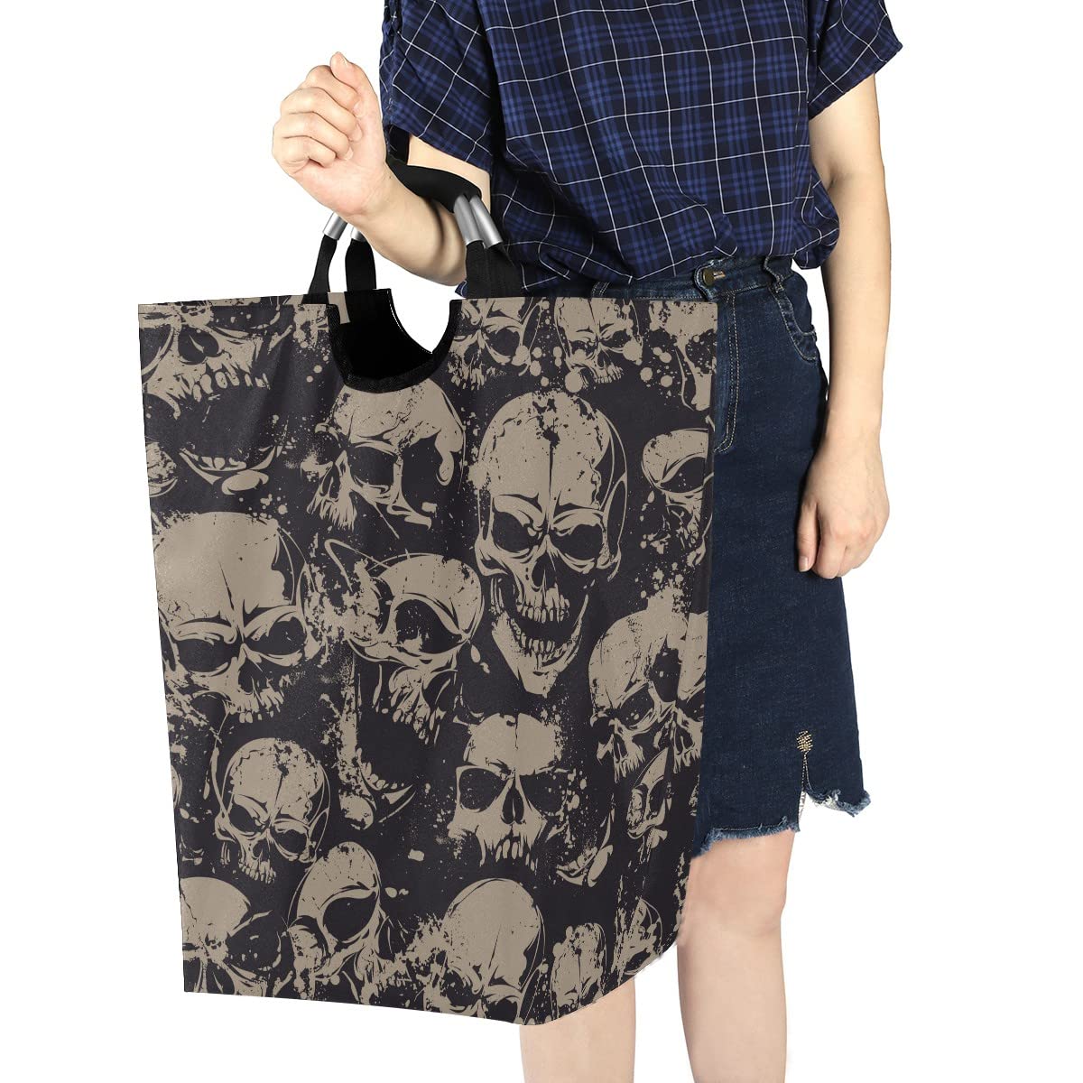 Foldable Collapsible Laundry Hamper Bag with Handles - Grunge Skull Design for Laundry Room, Bathroom Storage & Organization - Perfect for College Dorms, Camping & Travel