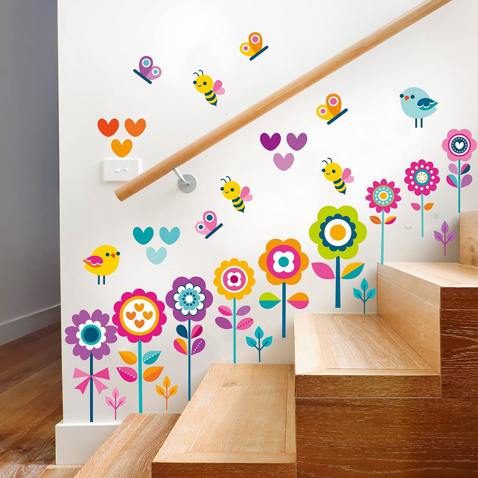 Butterfly Bee Floral Wall Decals for Kids Room - Removable Peel and Stick Wall Art for Girls Bedroom, Nursery, Playroom & Classroom - DIY Home Decor for Birthday Party, Baby Shower & Spring Theme Decorations