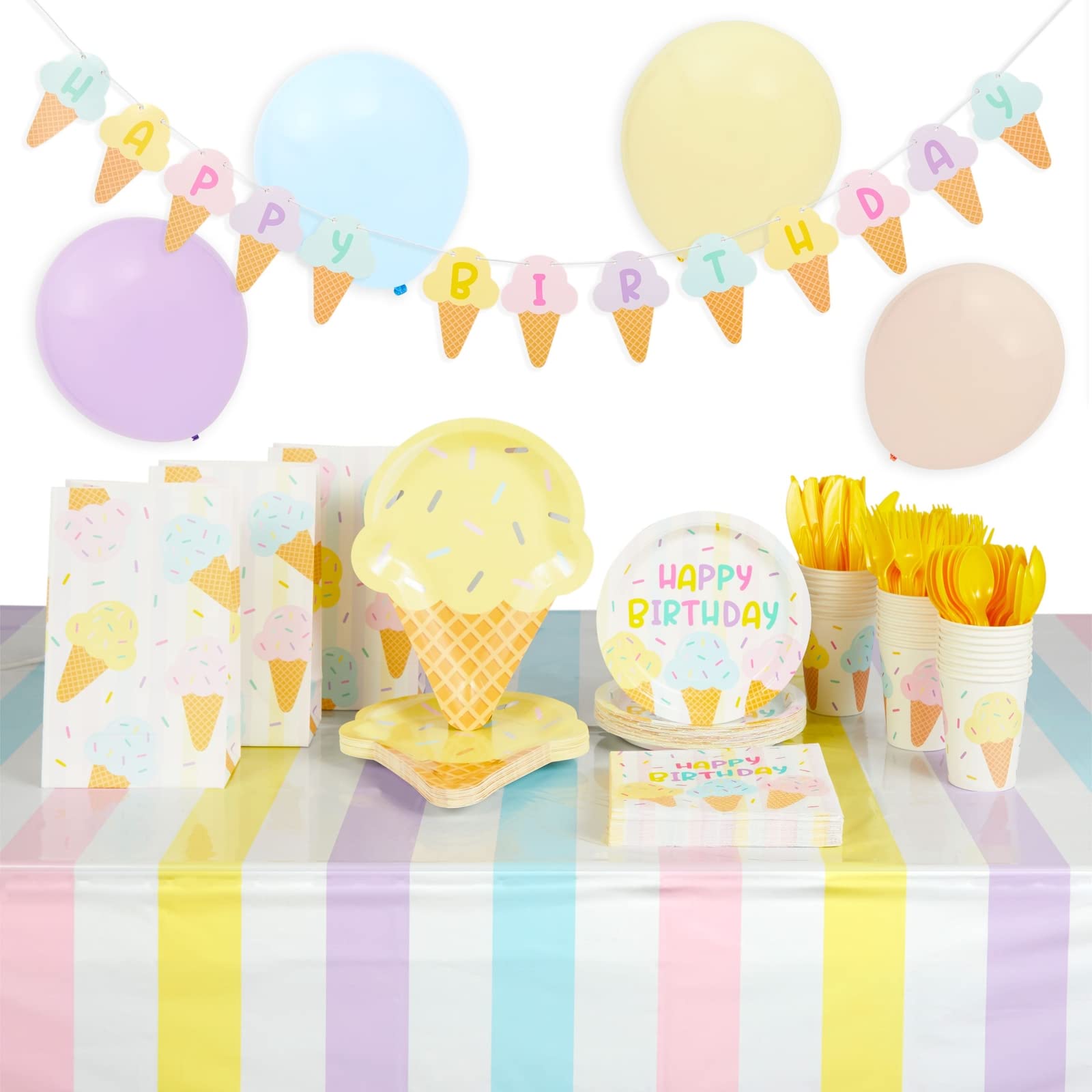 BLUE PANDA 207-Piece Ice Cream Themed Birthday Party Decorations Set - Includes Dinnerware & Party Favor Bags for Kids Birthday, Baby Shower & Summer Celebrations