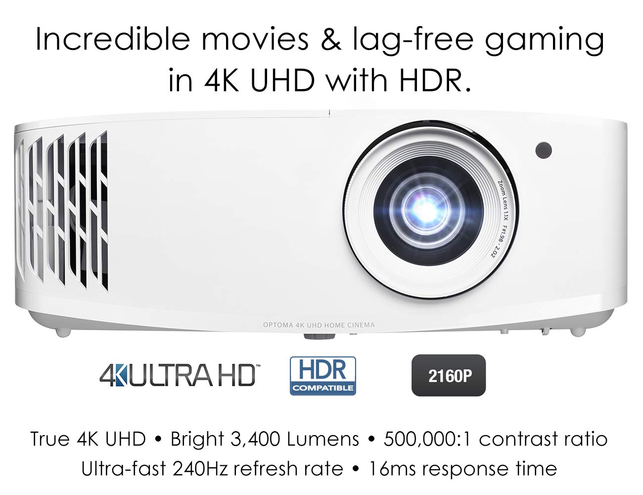 Optoma UHD30 True 4K UHD Gaming Projector - 16ms Response Time, Enhanced Gaming Mode, Lowest Input Lag, 240Hz Refresh Rate, HDR10 & HLG - Perfect for Home Theater, Gaming, and Movie Nights