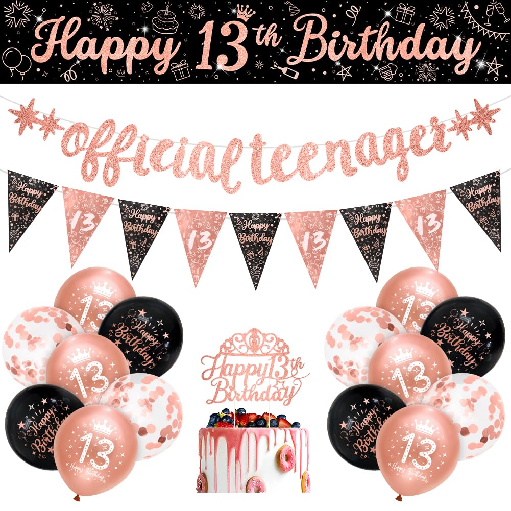 Black Rose Gold 13th Birthday Party Decorations Kit - 16-Piece Happy Birthday Banner & Bunting Set for Teen Girls | Perfect for Sweet 16, Quinceañera & Milestone Celebrations