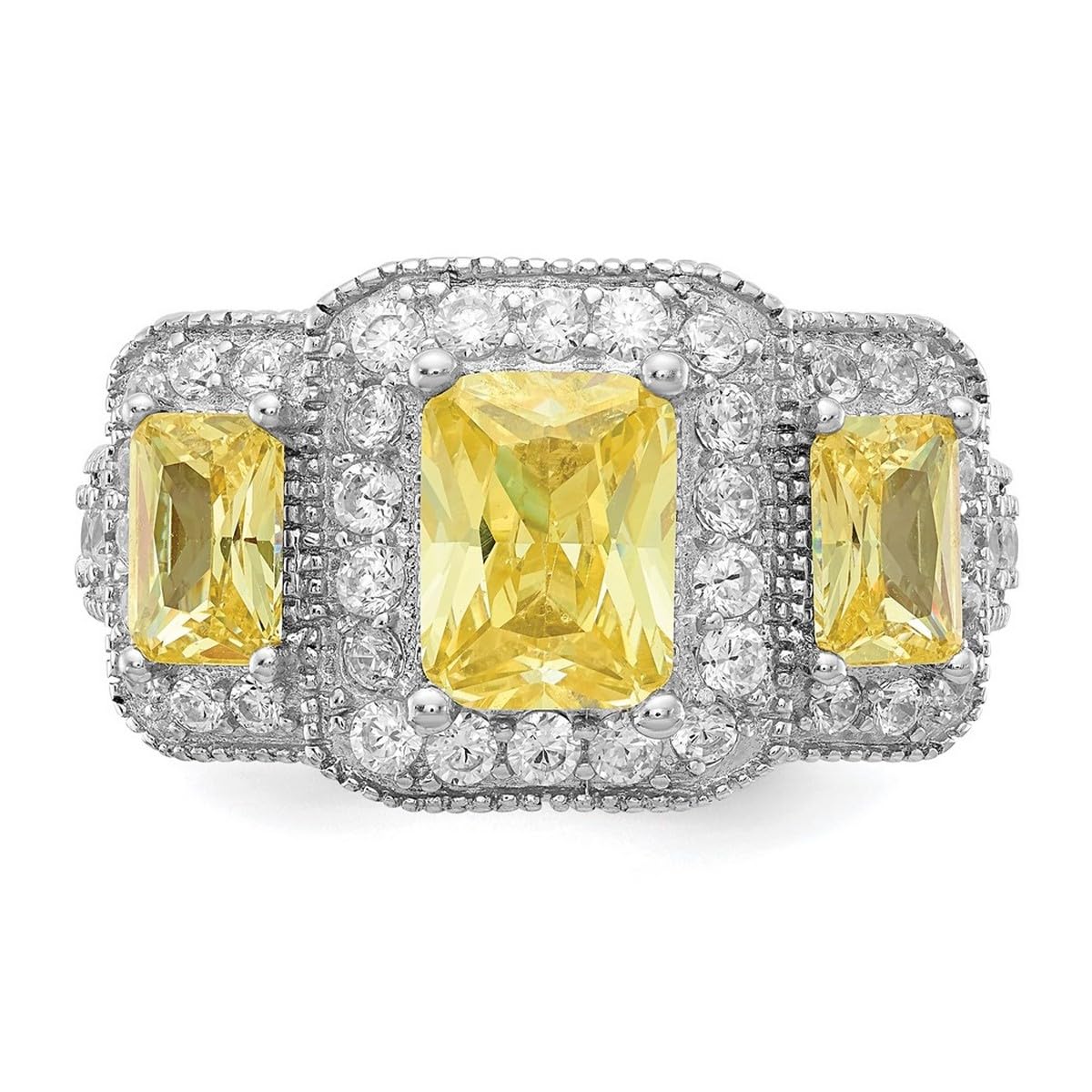 925 Sterling Silver Step Cut Radiant Cut Canary & White CZ Cubic Zirconia Simulated Diamond 3-Stone Ring for Women - 13.25mm Wide Wedding, Engagement & Anniversary Jewelry Gift