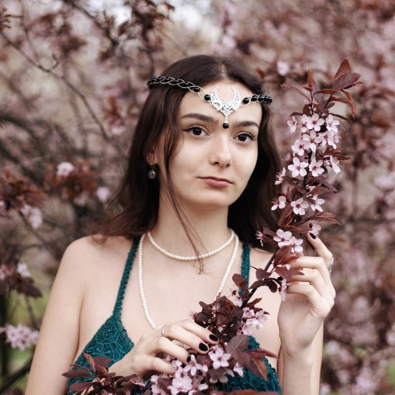 Silver Moon Viking Crown - Medieval Fairy Circlet Headpiece with Natural Crystals | Renaissance Festival, Celtic Wedding, Rave Party Costume Accessory | Perfect for Cosplay, LARP, and Fantasy Events