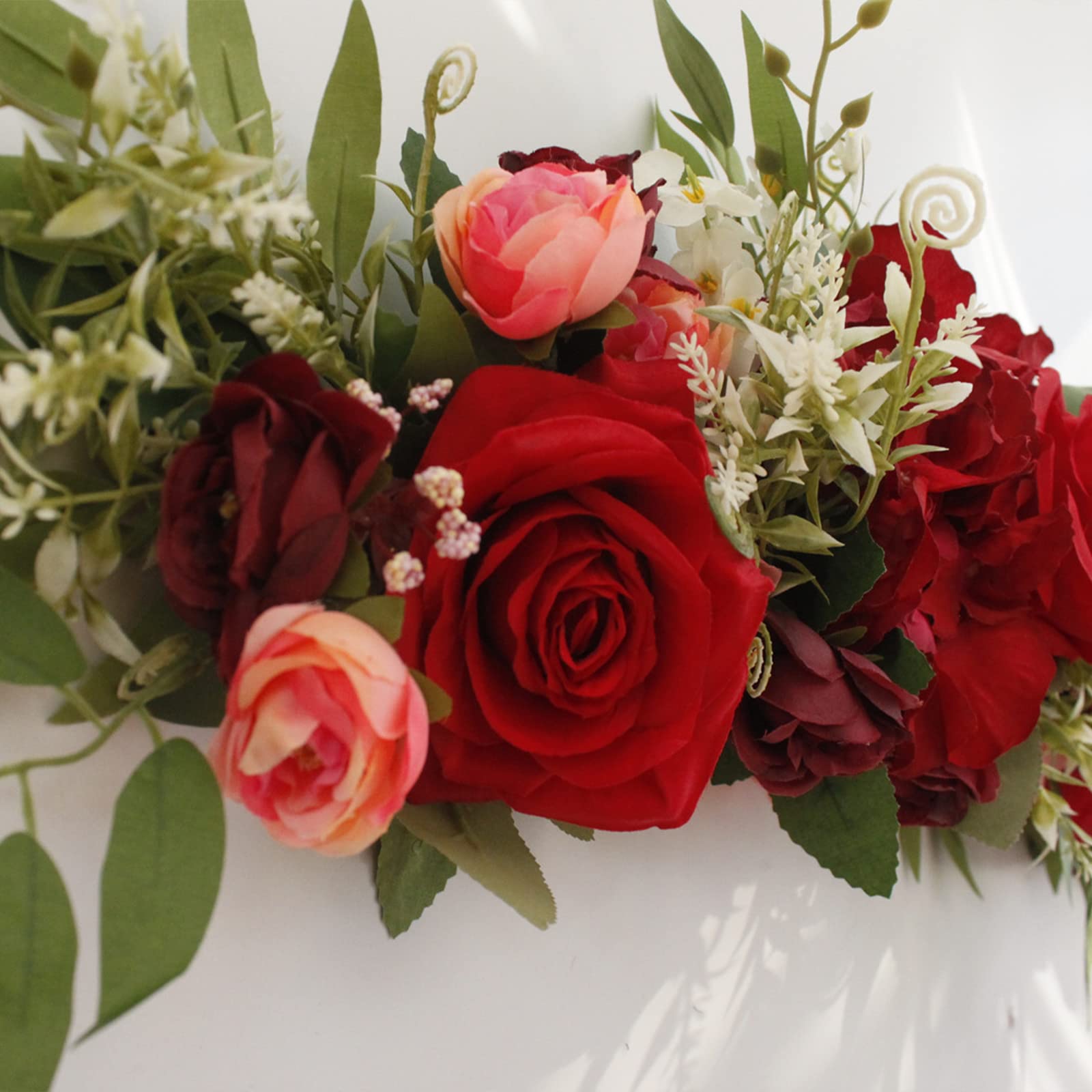25.6in Artificial Peony & Silk Rose Floral Swag with Hydrangeas and Eucalyptus Leaves - Wedding Arch Flowers for Lintel Decor, Spring Front Door Wreath, Bridal Shower & Home Decoration - Red