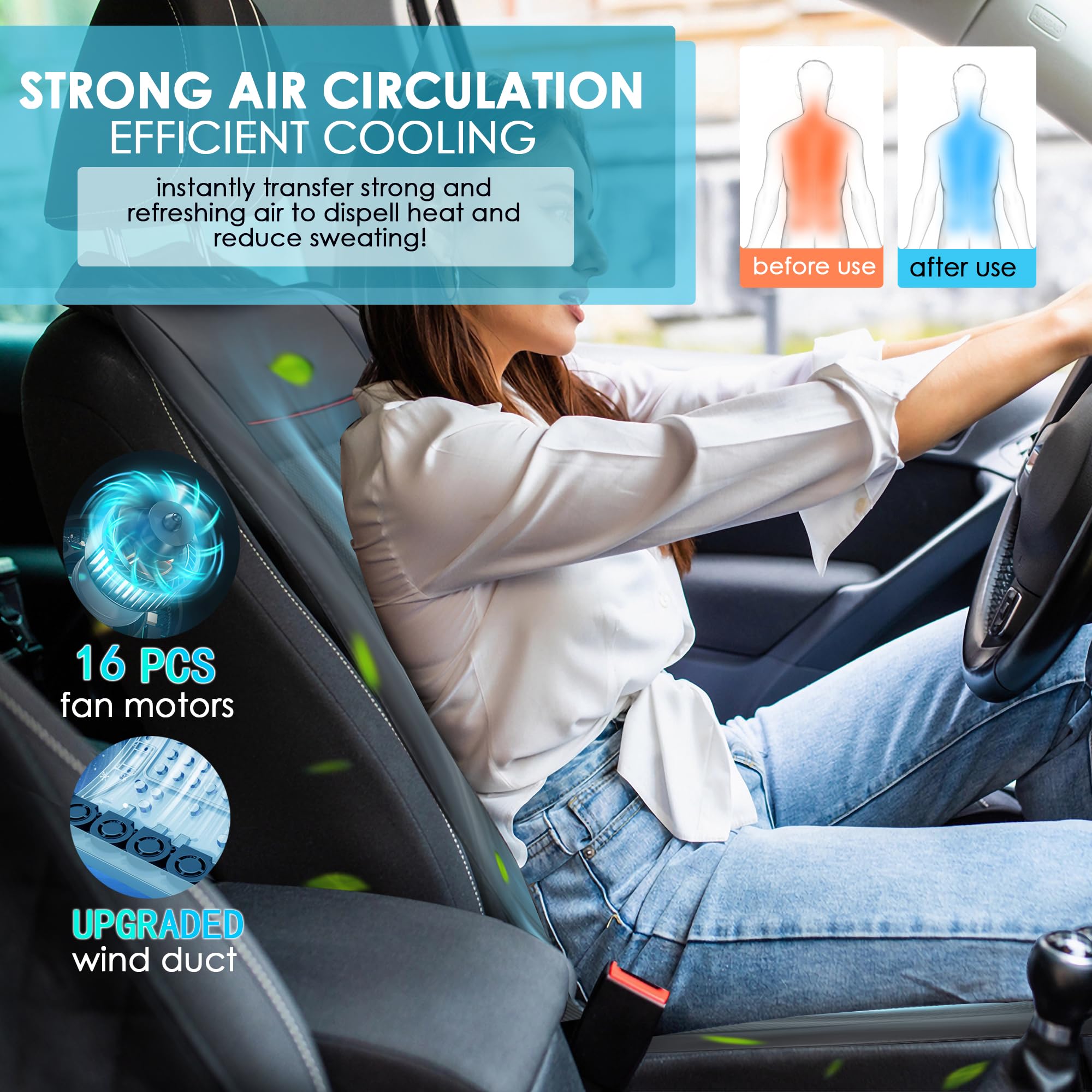 12V Cooling Car Seat Cover with Massage & Adjustable Temperature - 16 Ventilation Fans for Summer - Cooling Seat Cushion for Car Front Seats - Perfect for Vehicles, SUVs & Long Drives (Beige)