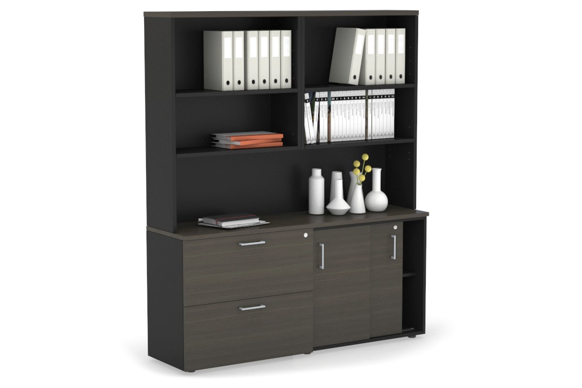 2-Door Sliding Credenza with 2 Drawers & Open Hutch - Modern Office Storage Cabinet for Files, Supplies & Decor - Perfect for Home Office, Conference Rooms & Workspaces