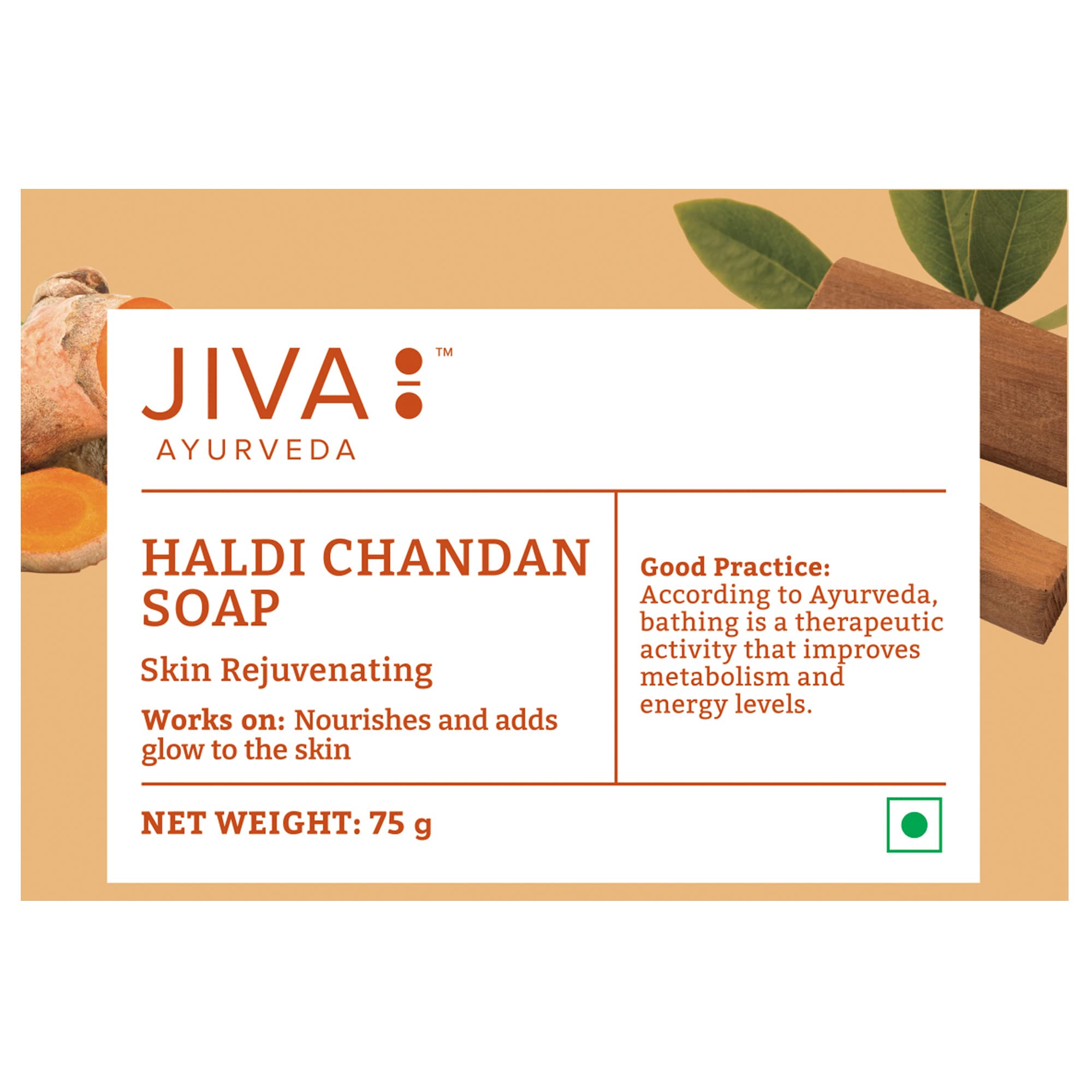 Jiva Ayurveda Turmeric Sandalwood Bathing Soap - 100% Natural Herbal Soap for Glowing Skin (75g, Pack of 8) | Perfect for Daily Skincare & Ayurvedic Beauty Routine
