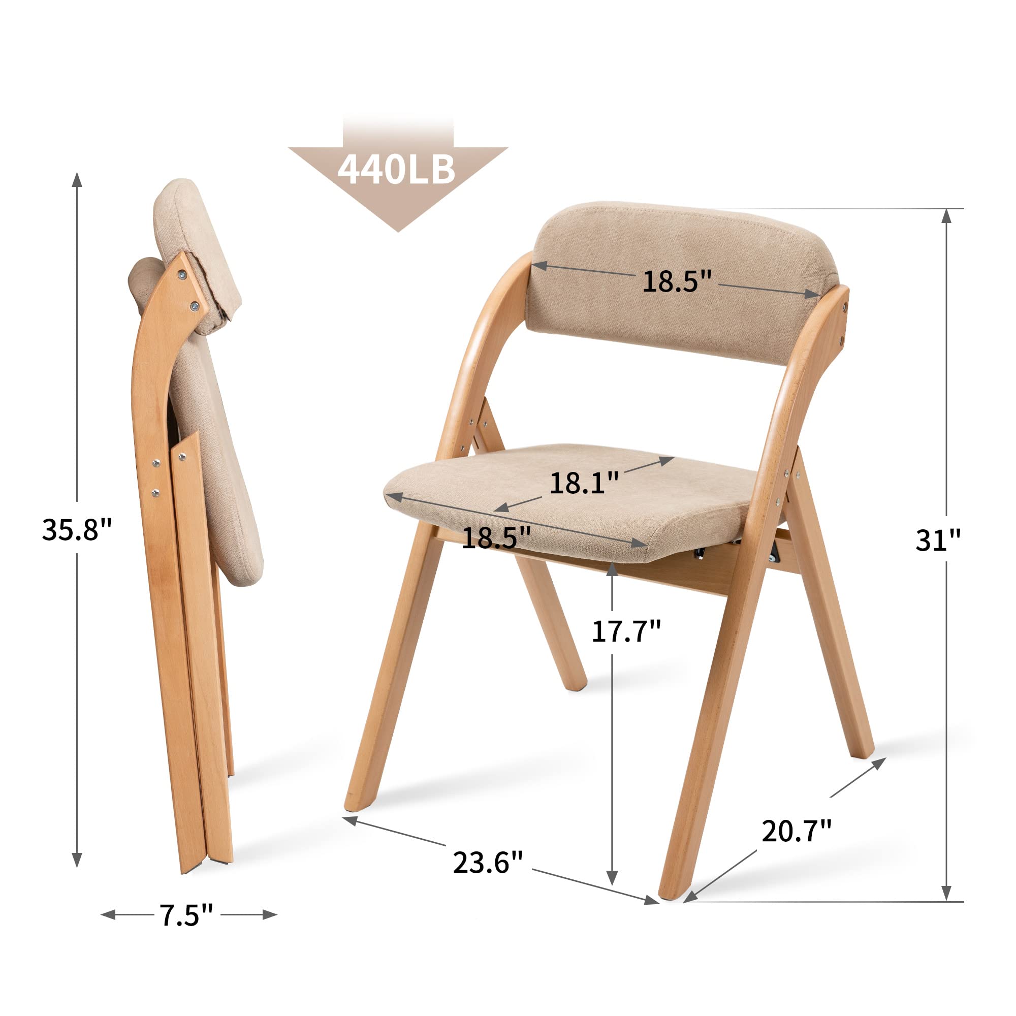 HOMEFUN 2-Pack Wooden Folding Chairs with Padded Seats & Removable Covers - Stackable Dining Chairs for Kitchen, Office, Wedding, Party, Picnic - Perfect for Guest Seating & Space Saving (Khaki)
