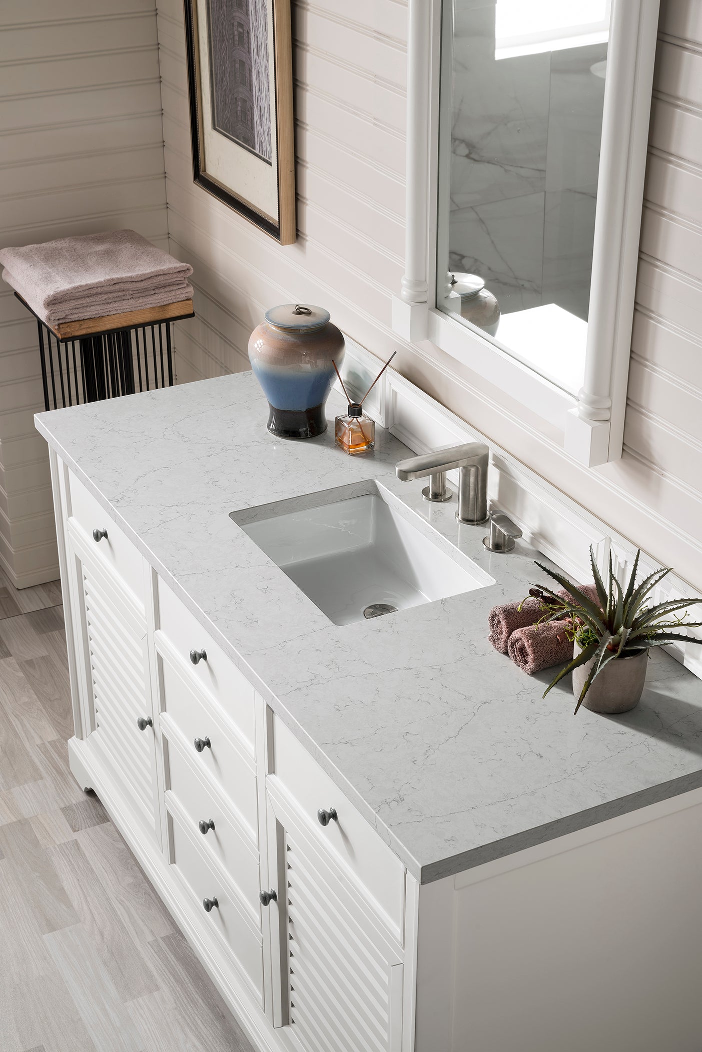 Savannah 60 Inch Single Bathroom Vanity Cabinet in Bright White with 3CM Eternal Jasmine Pearl Quartz Countertop – Perfect for Modern Master Bathrooms and Guest Suites