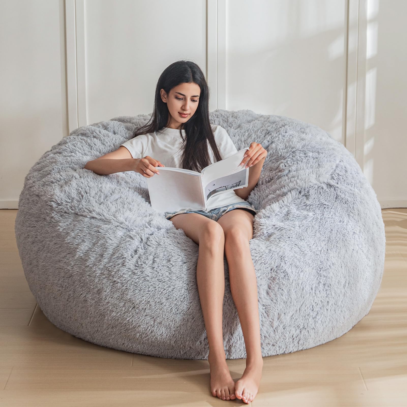 Premium Large Bean Bag Chair - Soft Faux Fur Lounger for Adults & Teens - Comfortable Lazy Sofa for Living Room, Bedroom, Dorm - Grey - Perfect for Relaxing, Gaming & Movie Nights