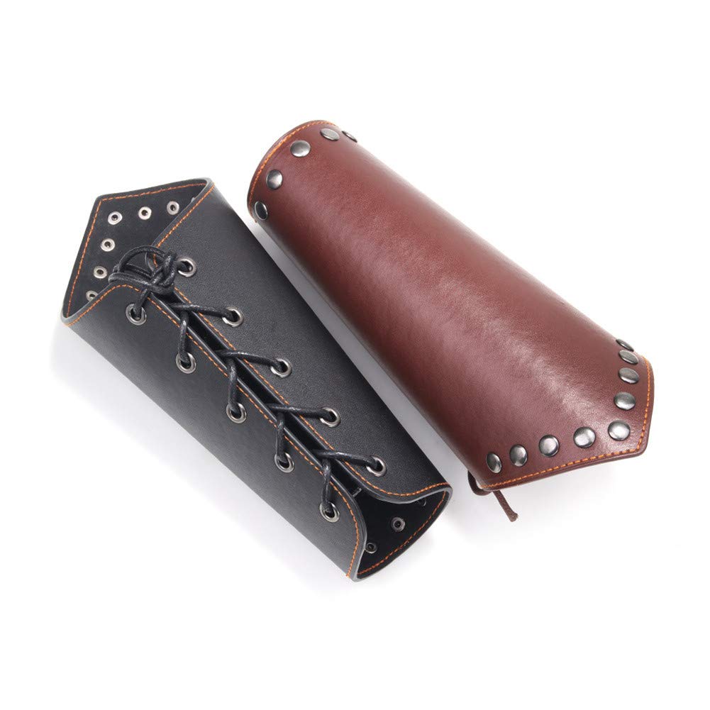 Hanv Men's Black & Brown Leather Wristband - Punk Rock Biker Wide Strap Bracelet Arm Cuff for Motorcycle Riding, Concerts & Gothic Fashion Accessories