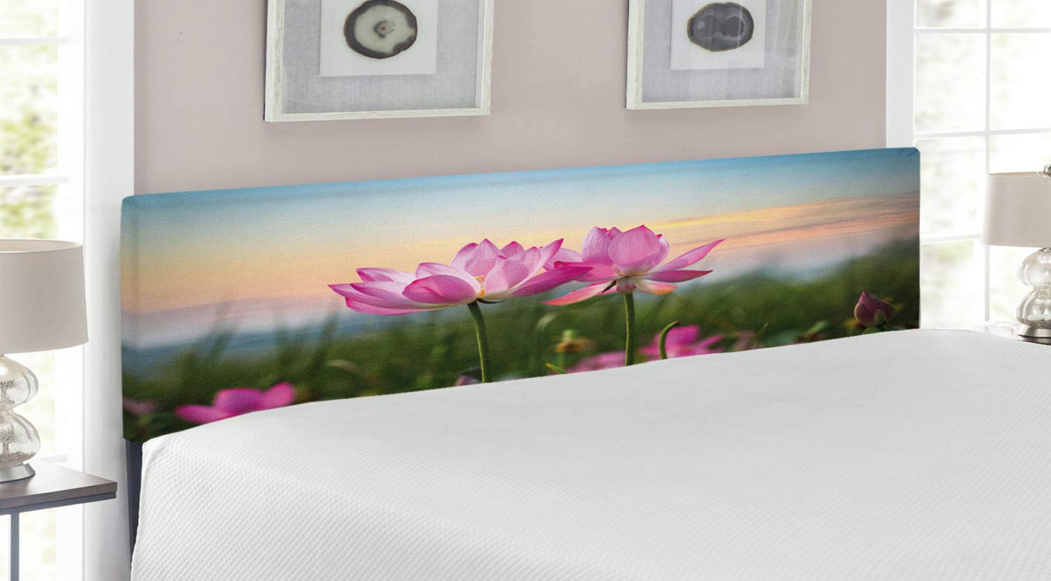 Ambesonne King Size Upholstered Headboard with Memory Foam - Lotus Flower Spring Meadow Design in Pale Pink & Blue | Decorative Metal Bed Frame for Master Bedroom, Guest Room & Home Decor