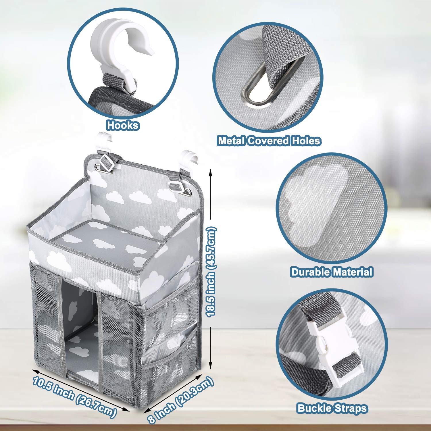 Hanging Diaper Caddy Organizer for Baby Nursery - Grey Storage Bag with Multiple Pockets for Diapers, Wipes & Baby Essentials | Perfect for Crib, Changing Table, Playard & Wall Mount | Ideal Baby Shower Gift & Bedside Organizer