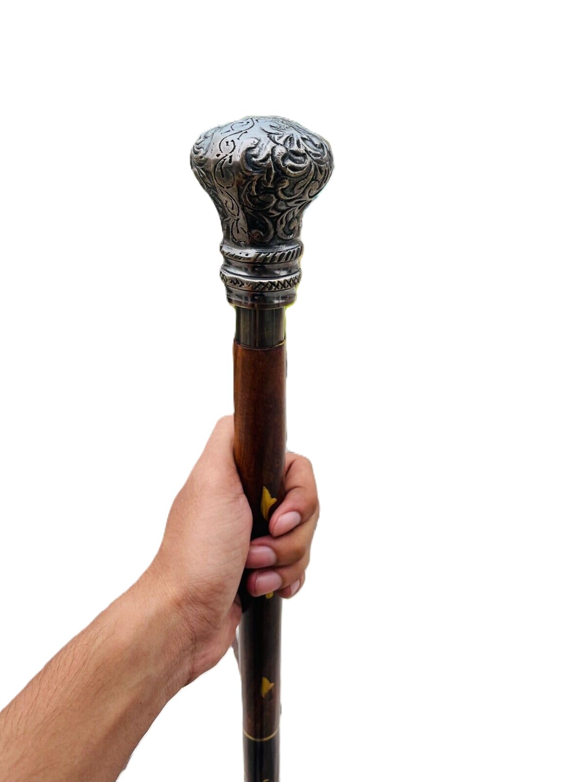 Vintage Brass Knob Walking Cane - Handcrafted Wooden Folding Walking Stick with Engraved Brass Handle - 37 Inch Adjustable Designer Cane for Seniors, Men & Women - Perfect for Hiking, Travel & Everyday Support