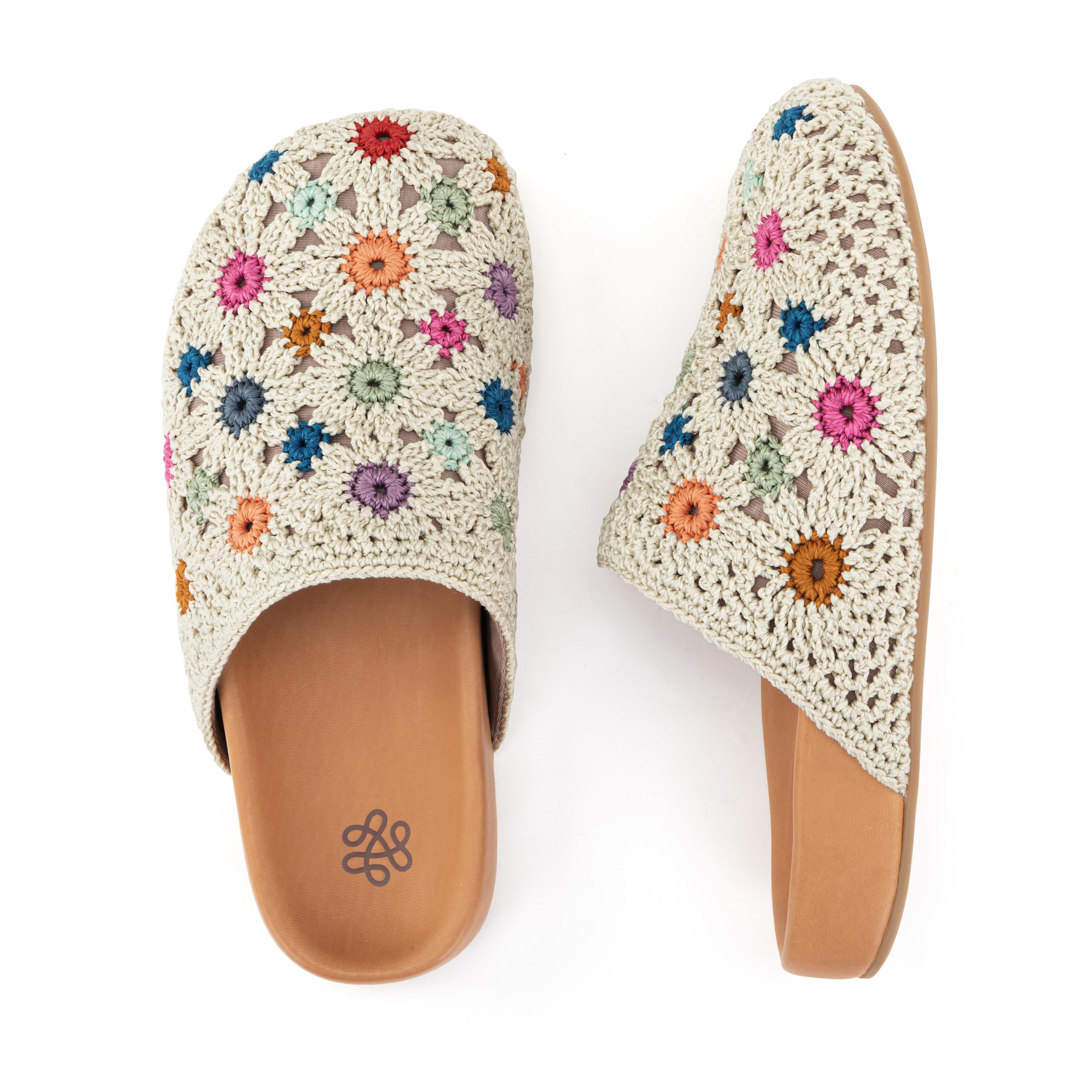 Bolinas Clog Hand Crochet Natural Multi Flowers - Comfortable Bohemian Style Summer Sandals for Women, Perfect for Beach, Garden & Casual Outings