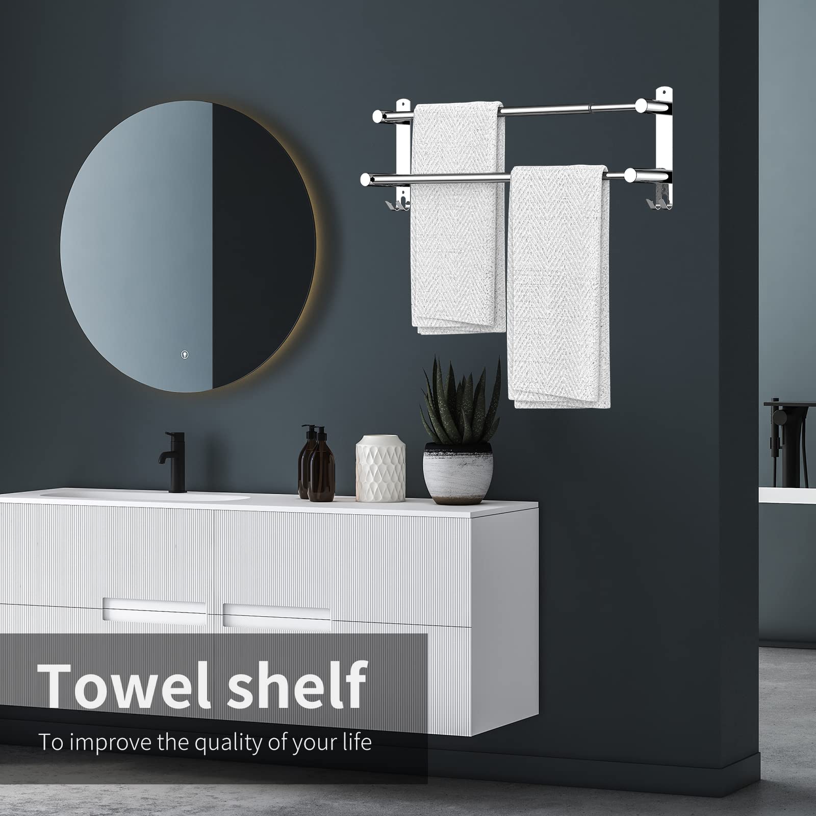 Stretchable 24-30 Inches Stainless Steel Towel Bar - Rustproof SUS304 No Drill Self-Adhesive Wall Mount for Bathroom & Kitchen - Perfect for Hand Towels, Dish Cloths & More (2 Bars) - Ideal for Small Spaces, Apartments & RVs